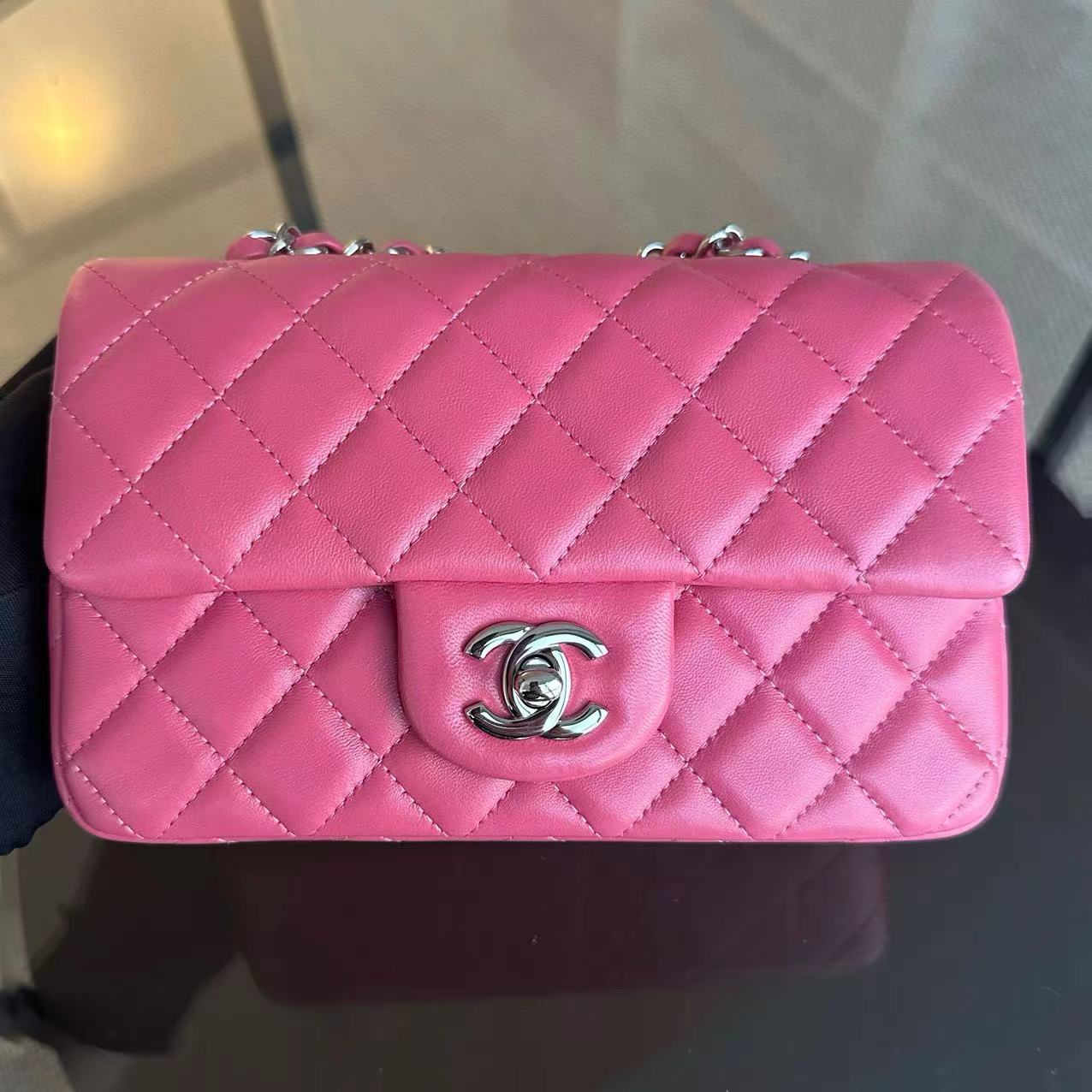 Chanel Mini Rectangle Pink Quilted Lambskin Classic Flap Bag with Silver Hardware Series 28