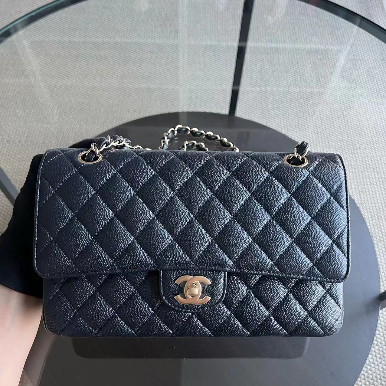 *Unused, Full Set Receipt* Chanel Caviar Classic Flap Double Flap Quilted Grained Calfskin Dark Blue Golden Hardware Series 28