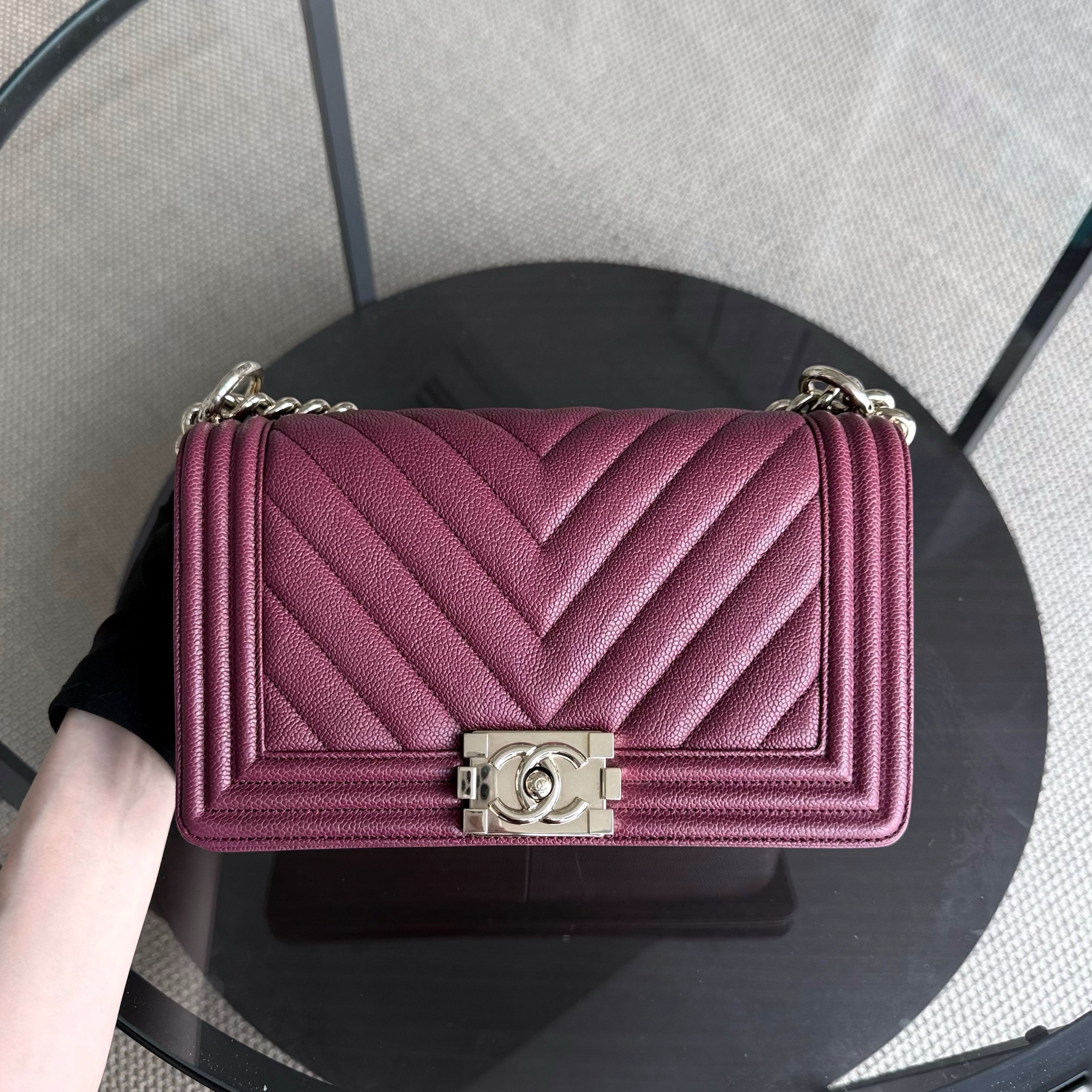 Chanel Boy Medium - Caviar 25CM Chevron Burgundy Gold Hardware Series 28