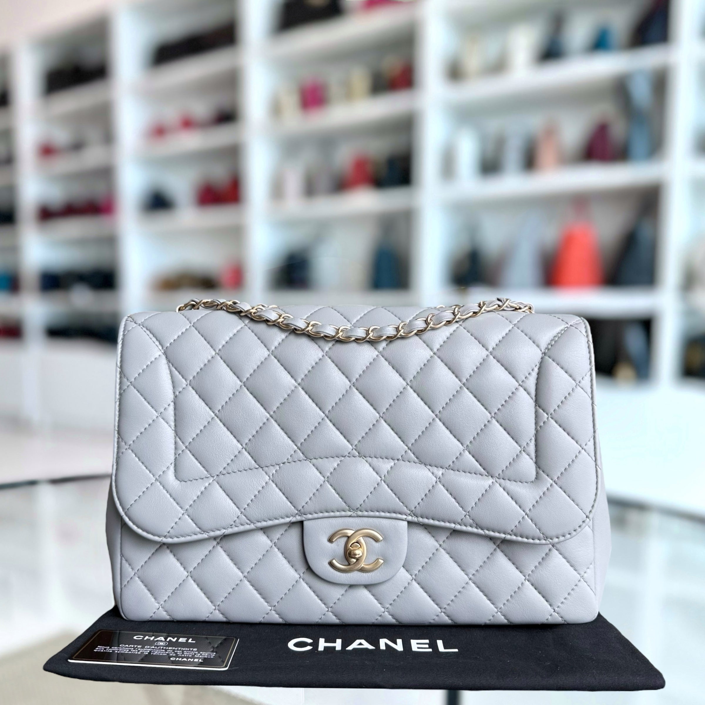 Chanel Mademoiselle Chic Flap Large - 30CM Quilted Lambskin Grey Gray Light Gold Hardware Series 21