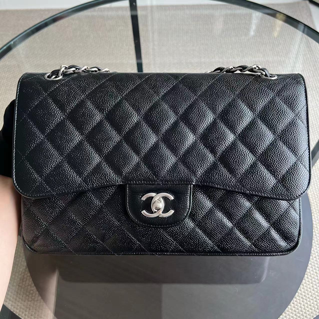 Chanel Classic Flap Jumbo - Caviar Double Flap Quiltd Black Silver Hardware