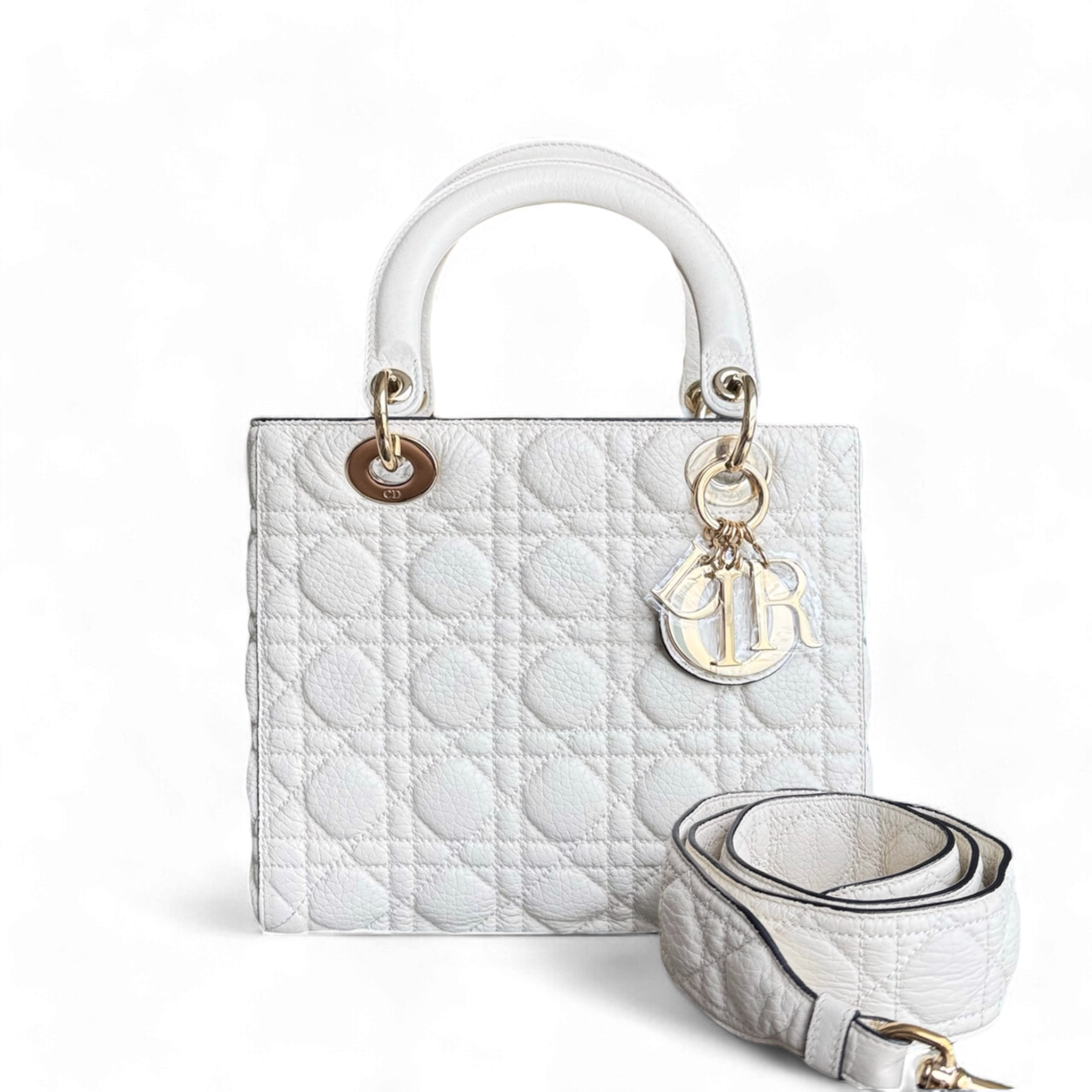 Dior Lady Flap Medium - Cannage Grained Calfskin Cream White Gold Hardware