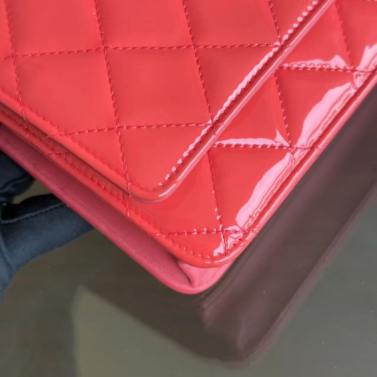 Chanel Wallet On Chain WOC - Quilted Patent Leather Red Pink