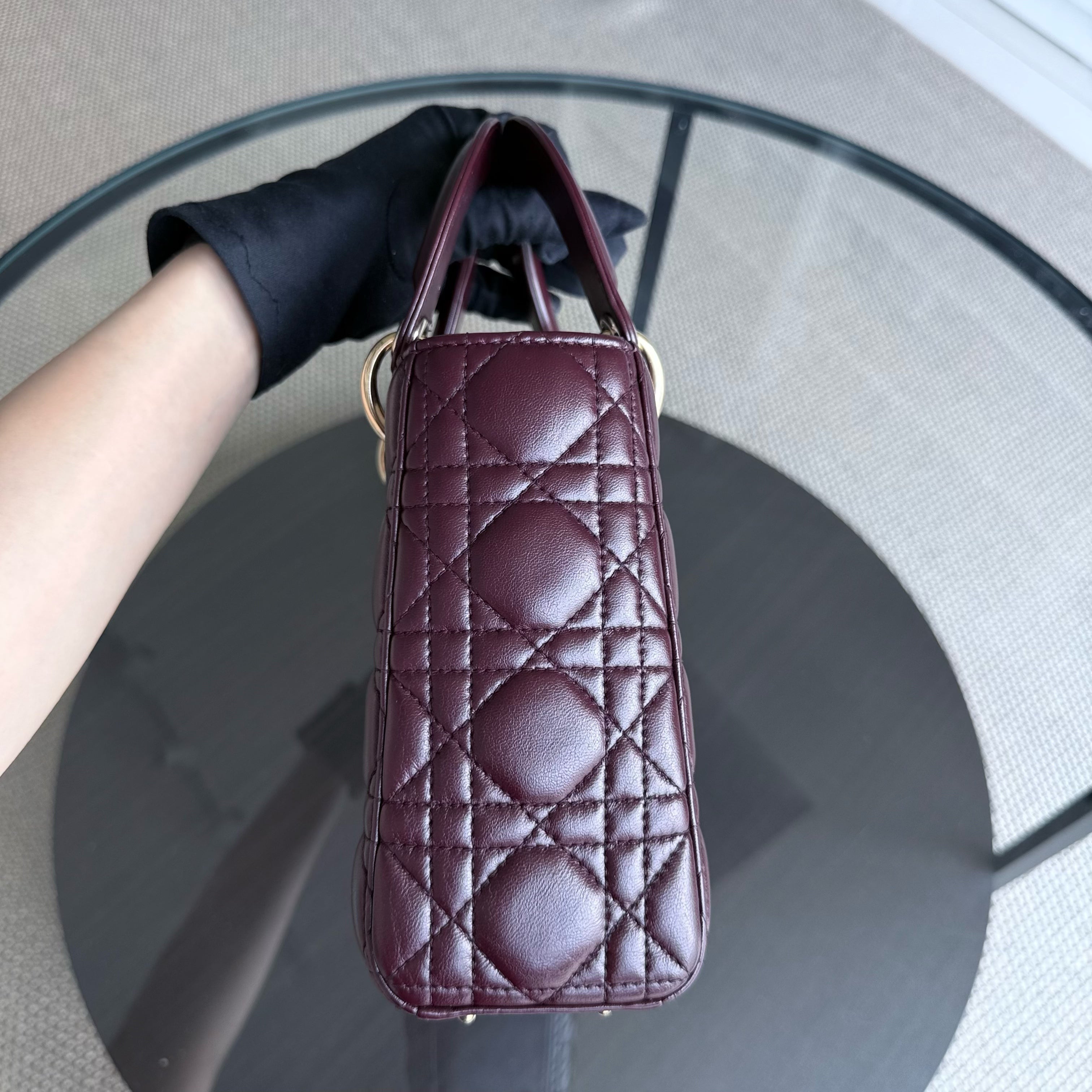 Dior Lady Small Flap - Cannage Lambskin Burgundy Red Gold Hardware