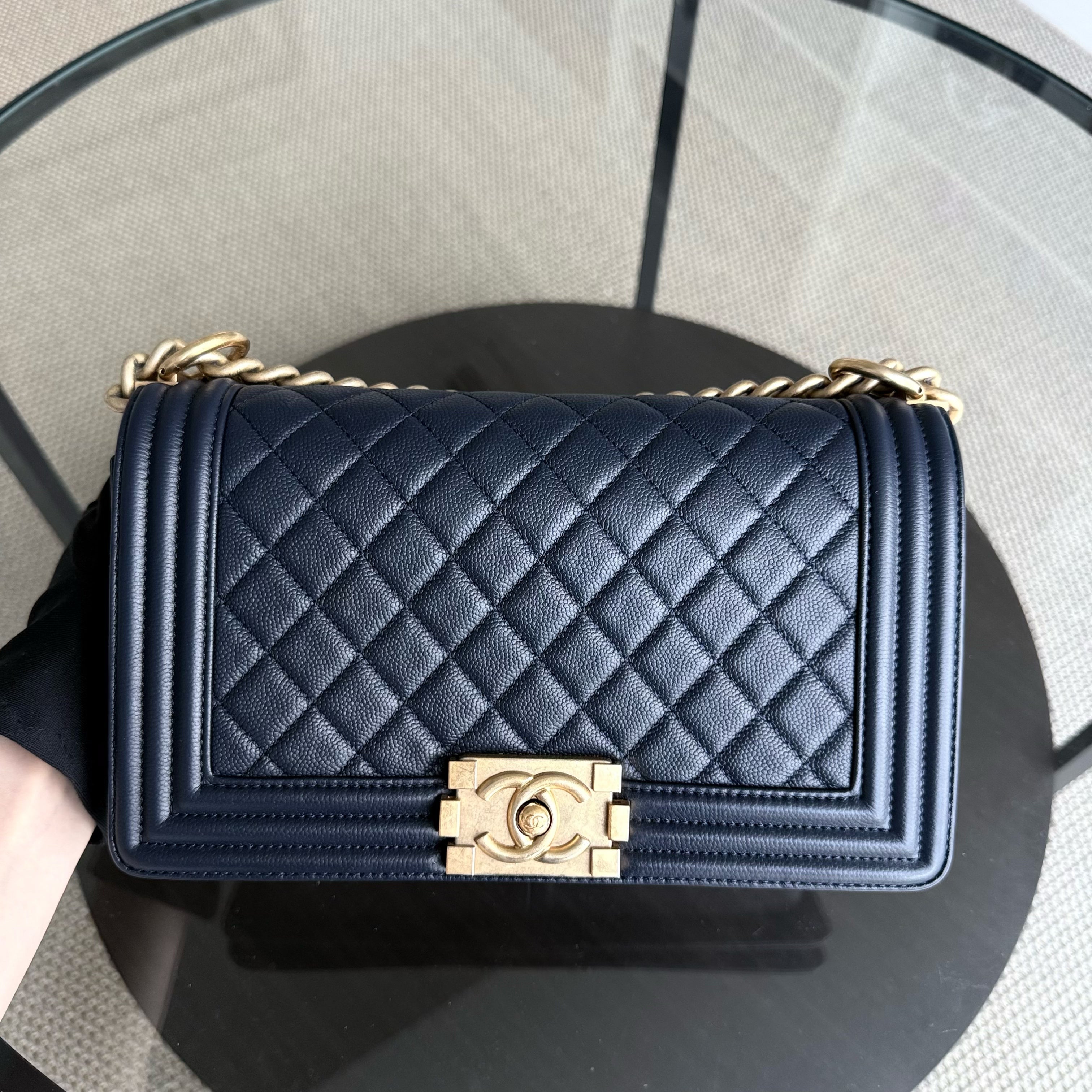 Chanel Boy Medium - Caviar 25CM Quilted Dark Navy Blue Gold Hardware Series 24