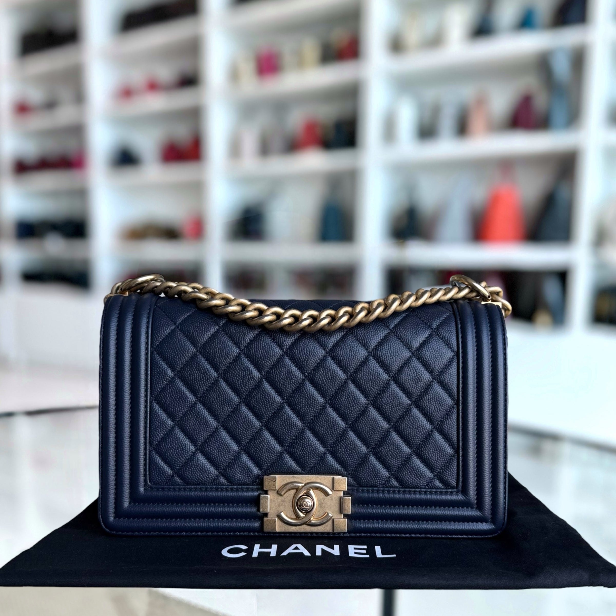 Chanel Boy Medium - Caviar 25CM Quilted Dark Navy Blue Gold Hardware Series 24