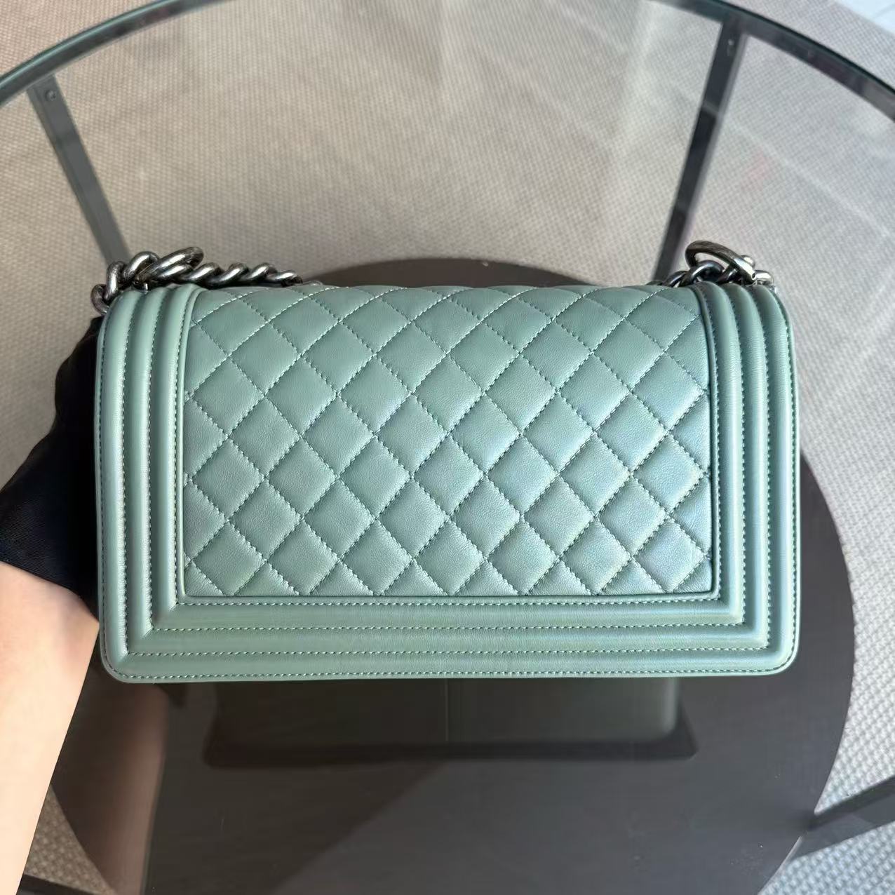 Deposit of Chanel Boy Medium - 25CM Quilted Lambskin Green Ruthenium Silver Hardware Series 23