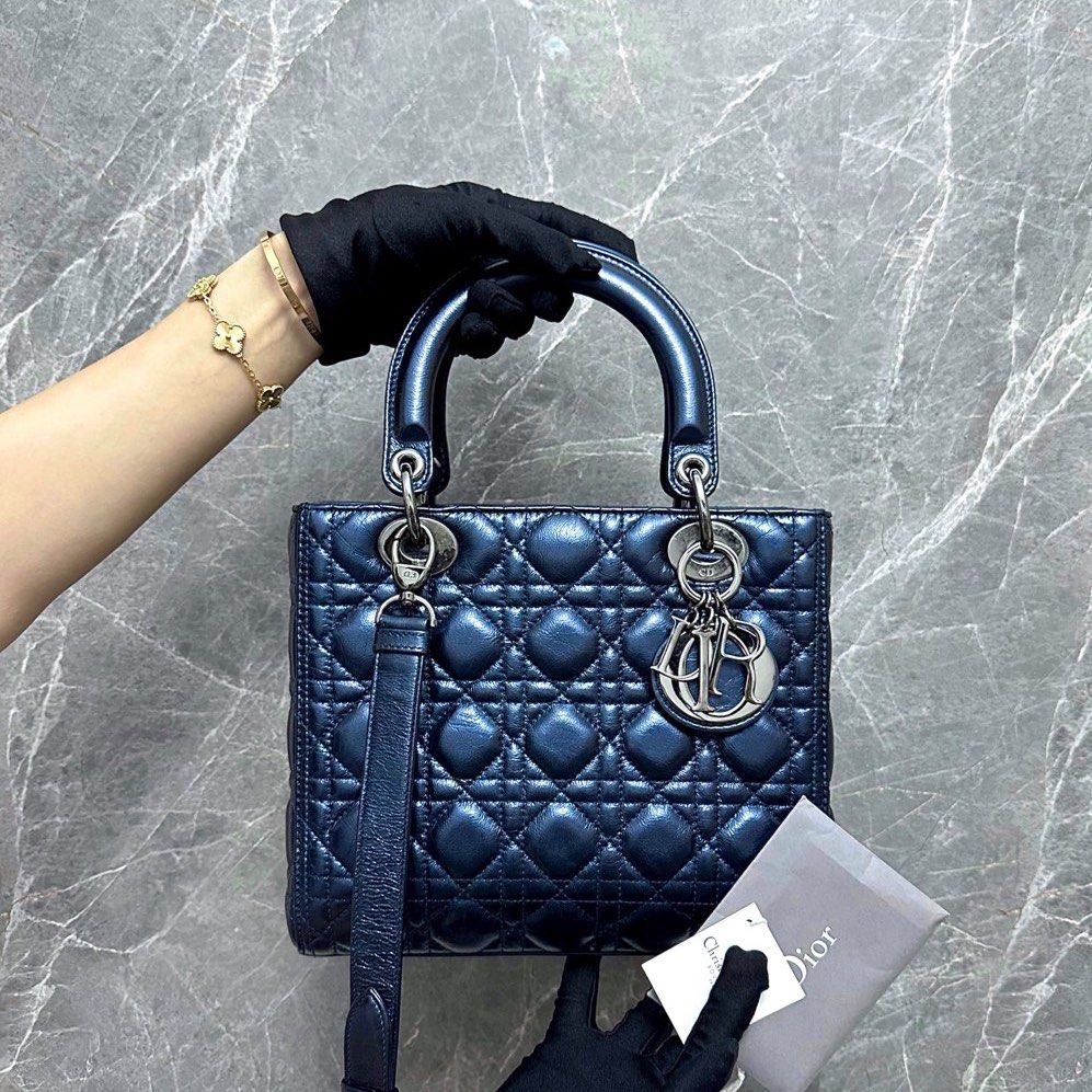 *Calf, Adjustable Strap, Like New* Dior Lady Medium Iridescent Calfskin Dark Blue Gunmetal Hardware - Luxury Evermore