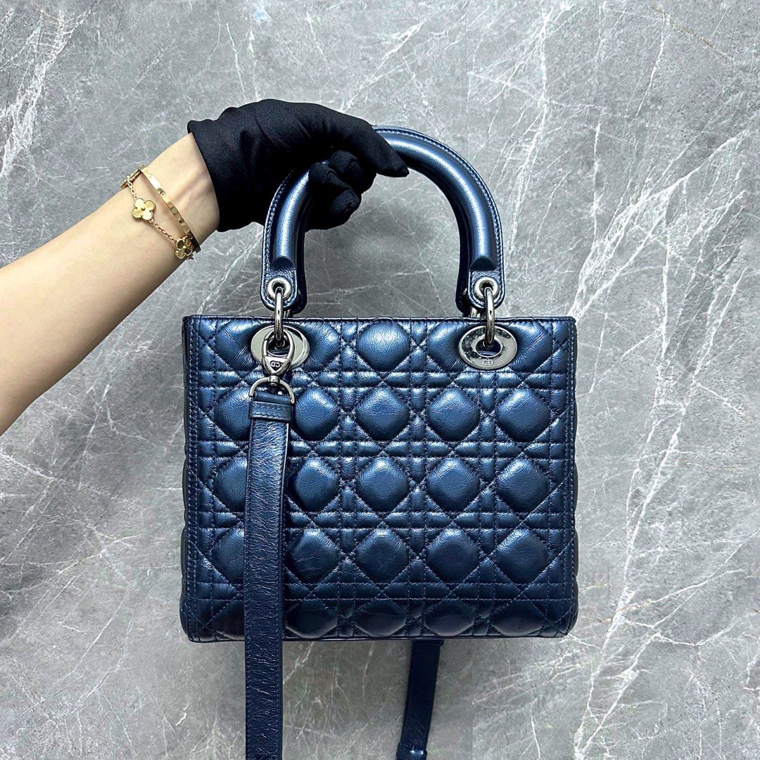 *Calf, Adjustable Strap, Like New* Dior Lady Medium Iridescent Calfskin Dark Blue Gunmetal Hardware - Luxury Evermore