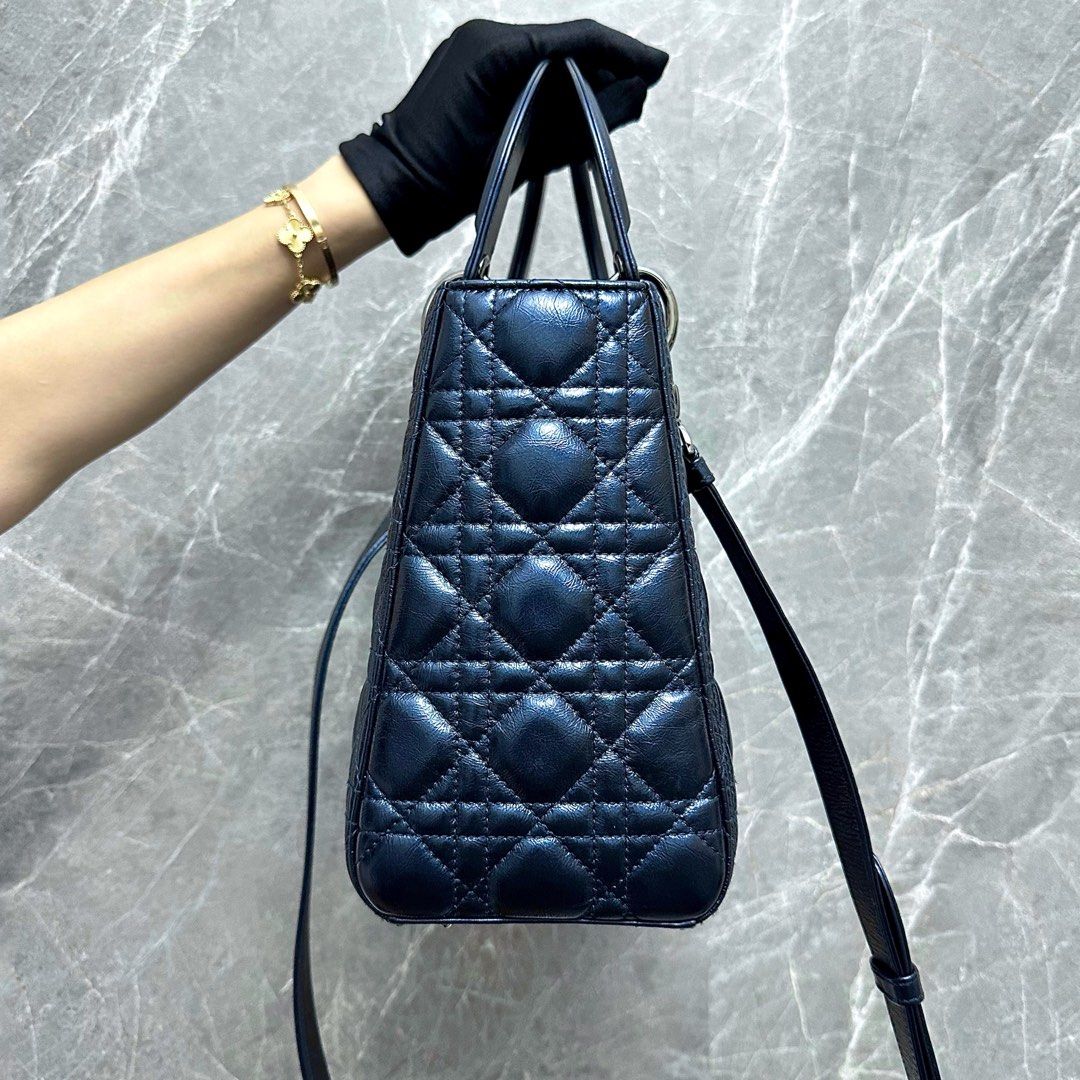 *Calf, Adjustable Strap, Like New* Dior Lady Medium Iridescent Calfskin Dark Blue Gunmetal Hardware - Luxury Evermore