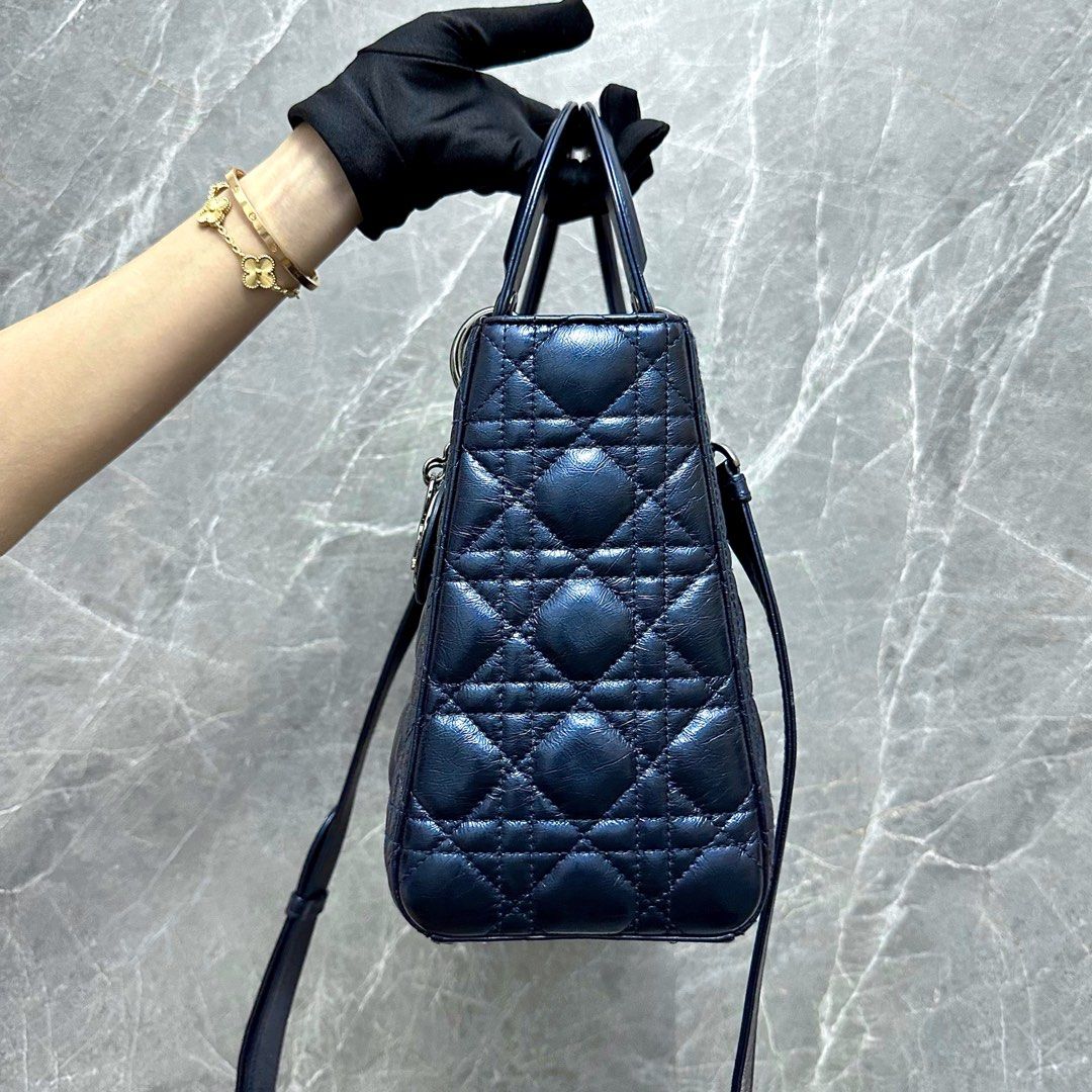 *Calf, Adjustable Strap, Like New* Dior Lady Medium Iridescent Calfskin Dark Blue Gunmetal Hardware - Luxury Evermore