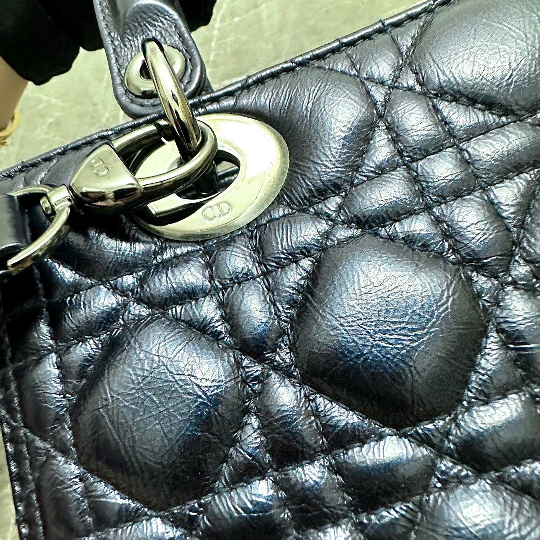 *Calf, Adjustable Strap, Like New* Dior Lady Medium Iridescent Calfskin Dark Blue Gunmetal Hardware - Luxury Evermore