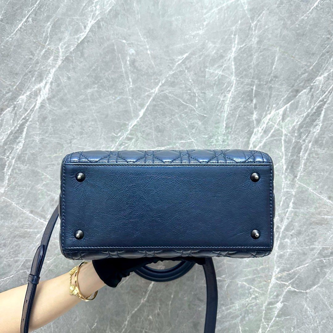 *Calf, Adjustable Strap, Like New* Dior Lady Medium Iridescent Calfskin Dark Blue Gunmetal Hardware - Luxury Evermore