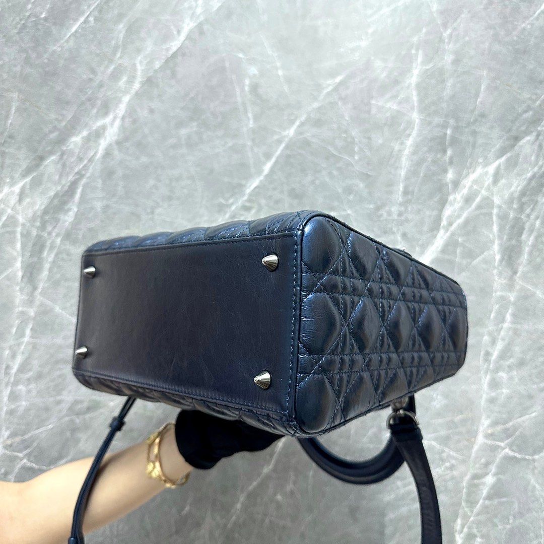 *Calf, Adjustable Strap, Like New* Dior Lady Medium Iridescent Calfskin Dark Blue Gunmetal Hardware - Luxury Evermore