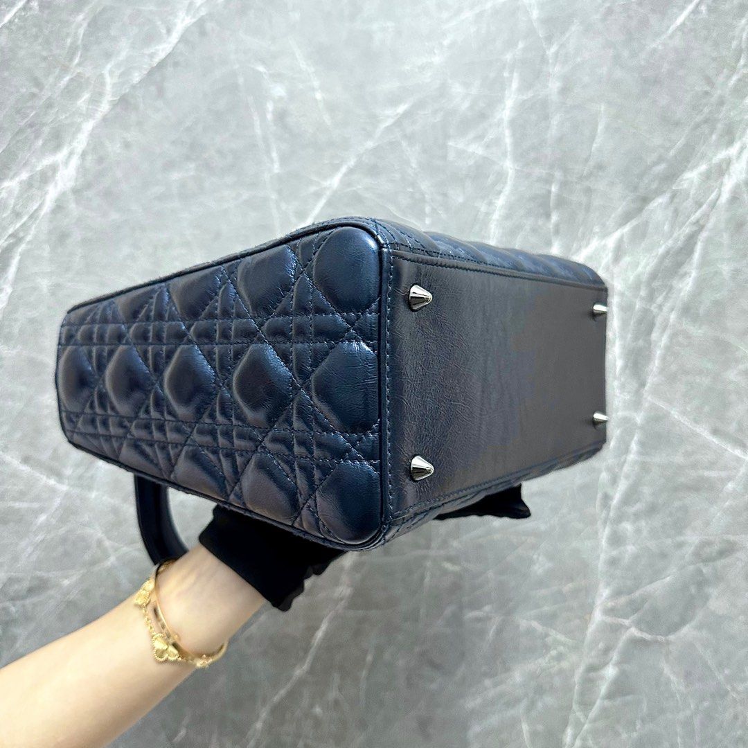 *Calf, Adjustable Strap, Like New* Dior Lady Medium Iridescent Calfskin Dark Blue Gunmetal Hardware - Luxury Evermore