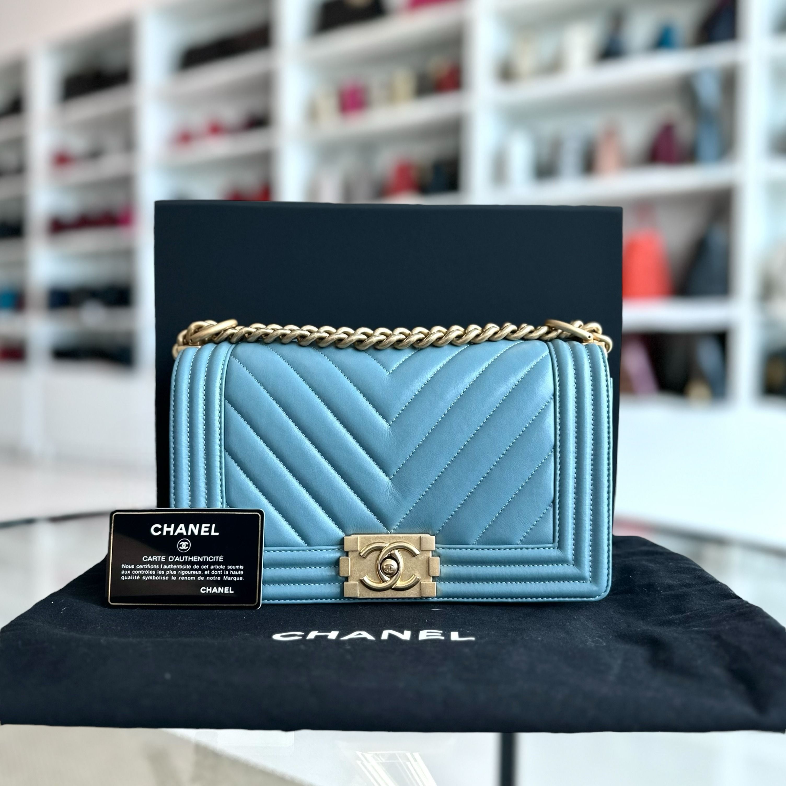 *Calfskin* Chanel Boy Old Medium 25CM Calfskin Chevron Leboy Baby Blue GHW No 25 - Luxury Evermore