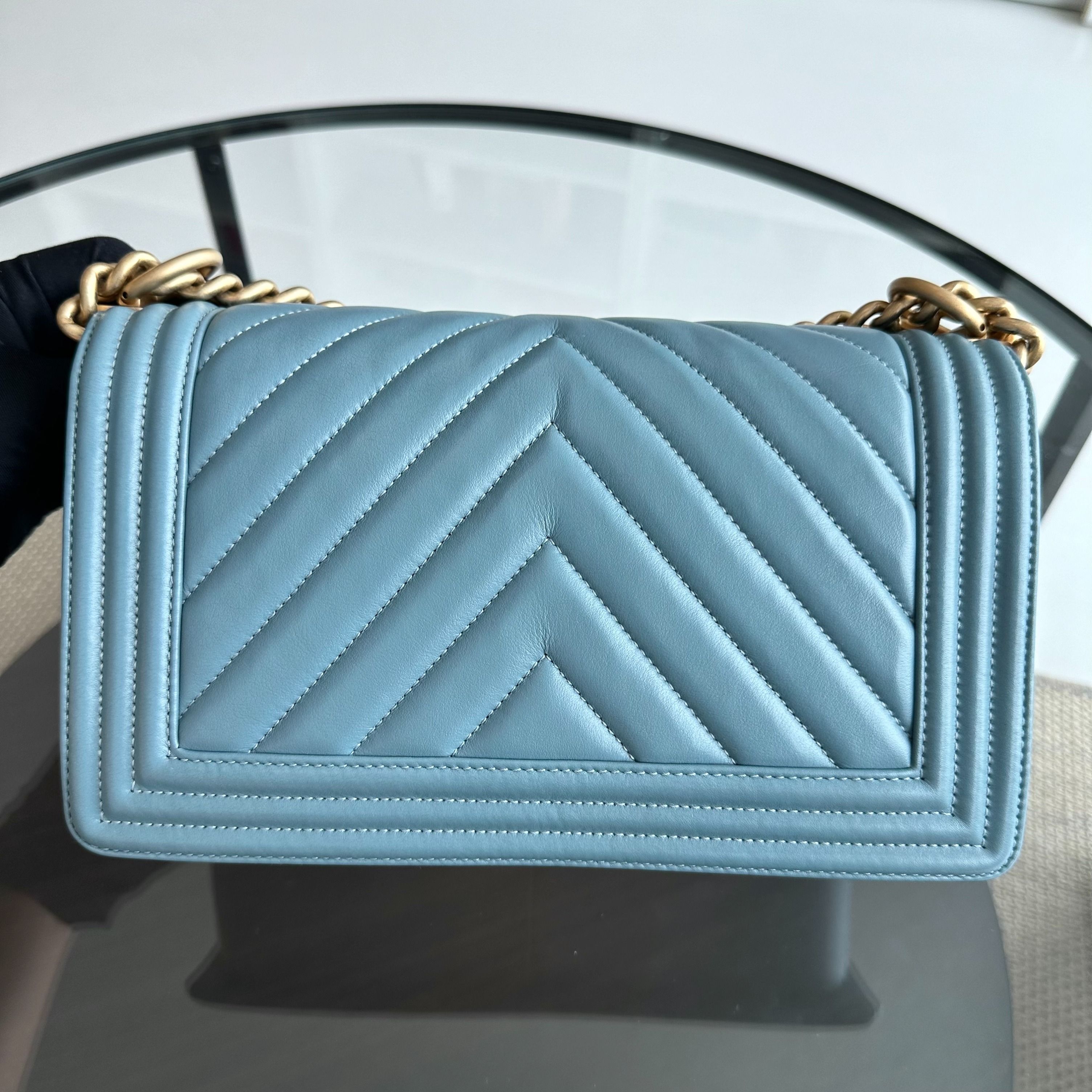 *Calfskin* Chanel Boy Old Medium 25CM Calfskin Chevron Leboy Baby Blue GHW No 25 - Luxury Evermore