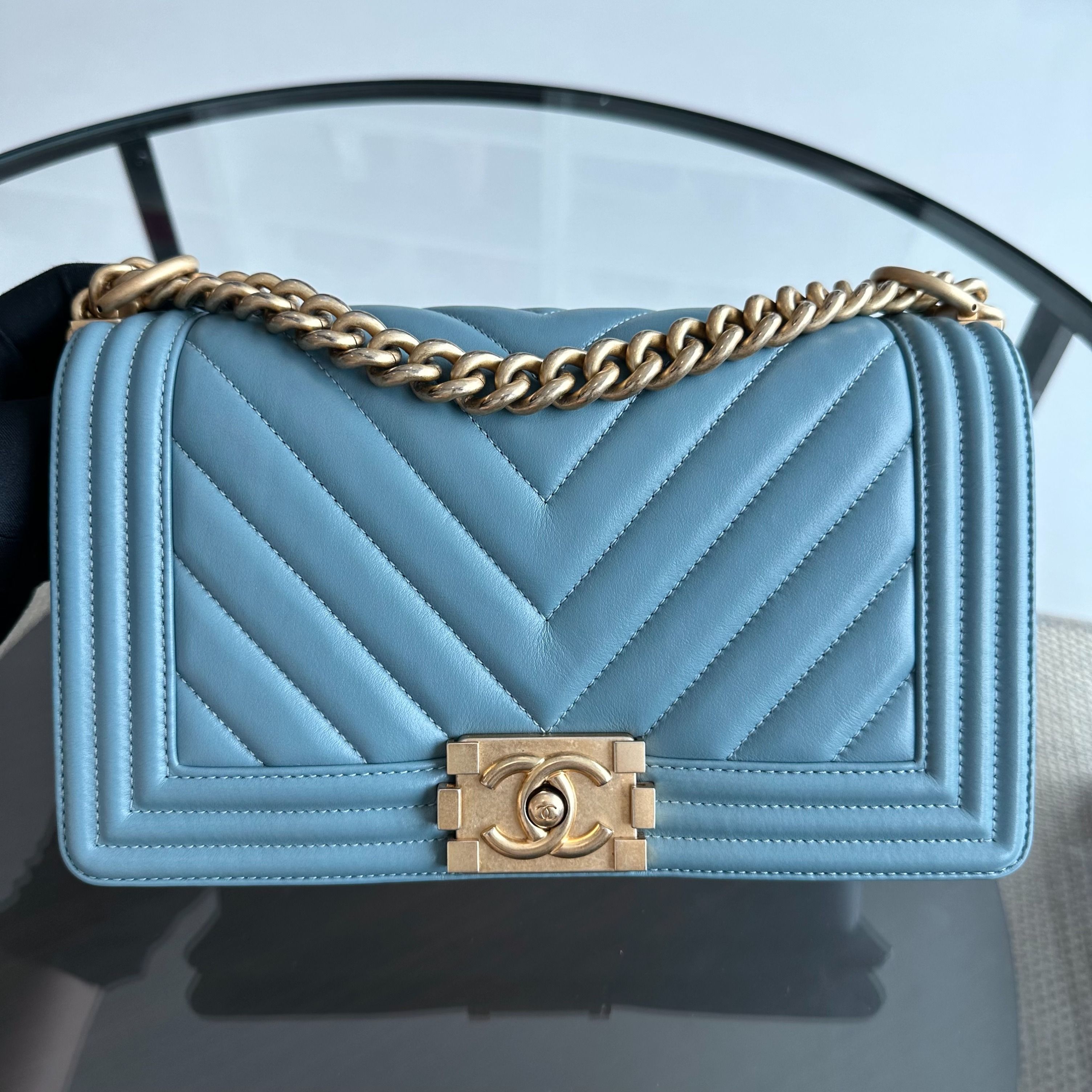 *Calfskin* Chanel Boy Old Medium 25CM Calfskin Chevron Leboy Baby Blue GHW No 25 - Luxury Evermore