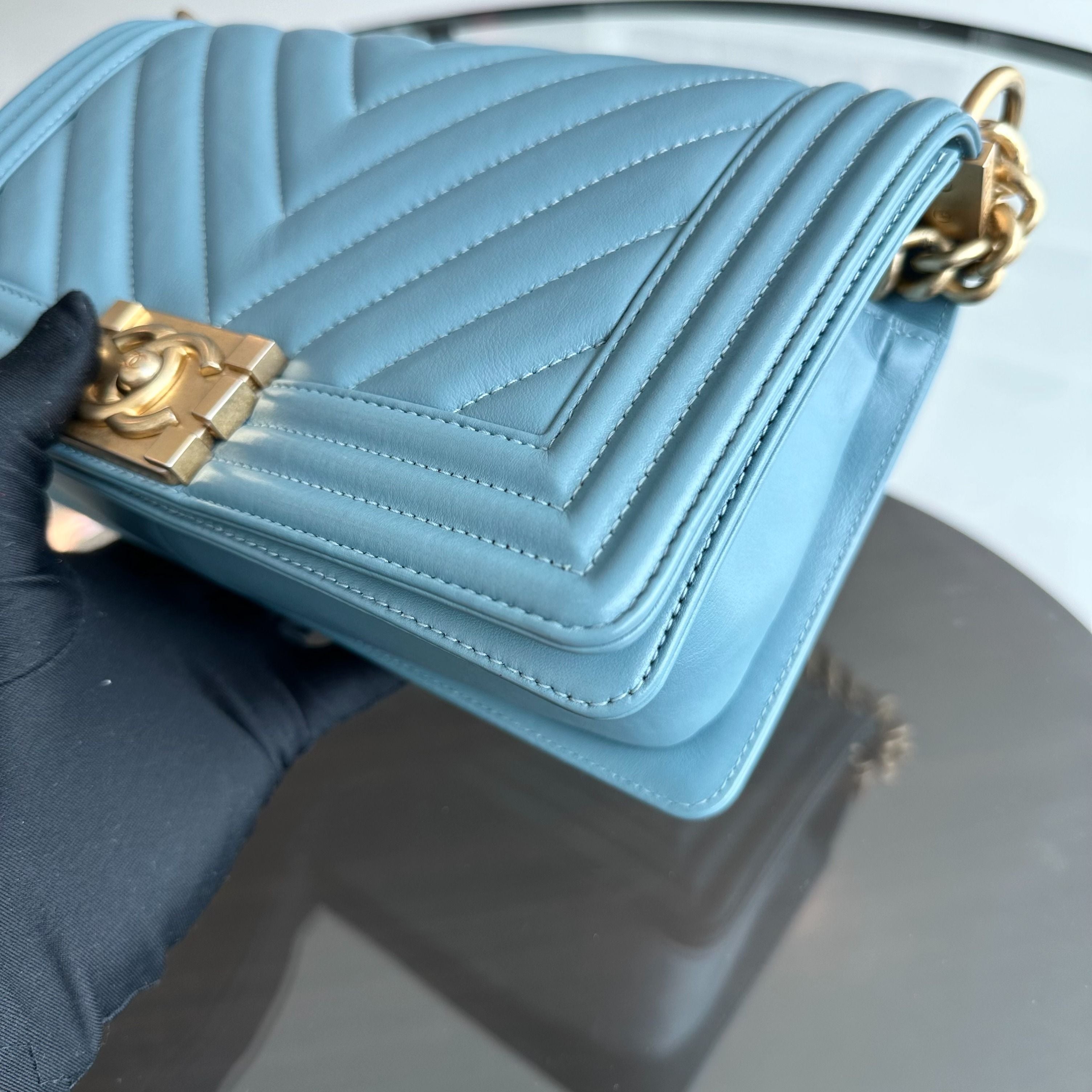 *Calfskin* Chanel Boy Old Medium 25CM Calfskin Chevron Leboy Baby Blue GHW No 25 - Luxury Evermore