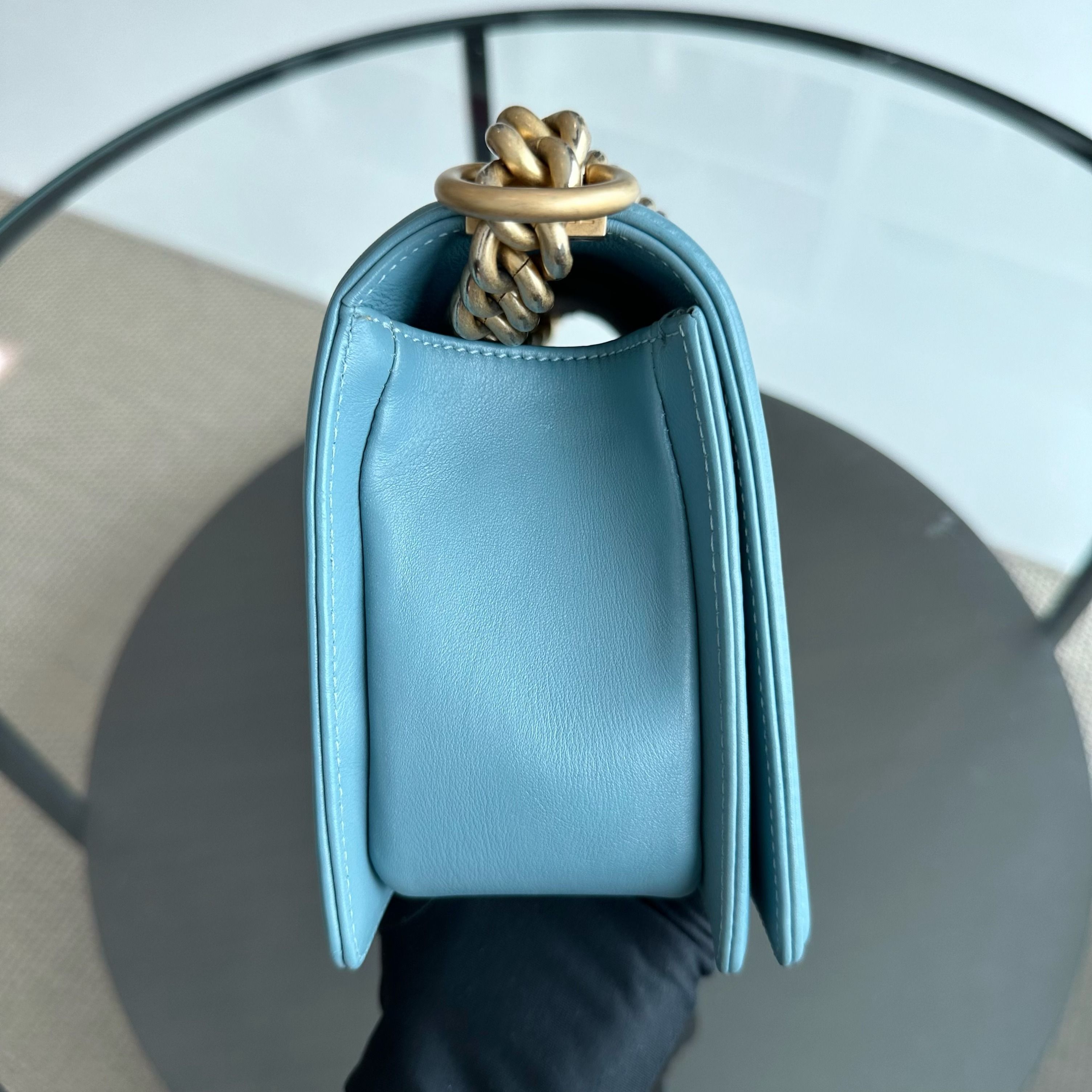 *Calfskin* Chanel Boy Old Medium 25CM Calfskin Chevron Leboy Baby Blue GHW No 25 - Luxury Evermore