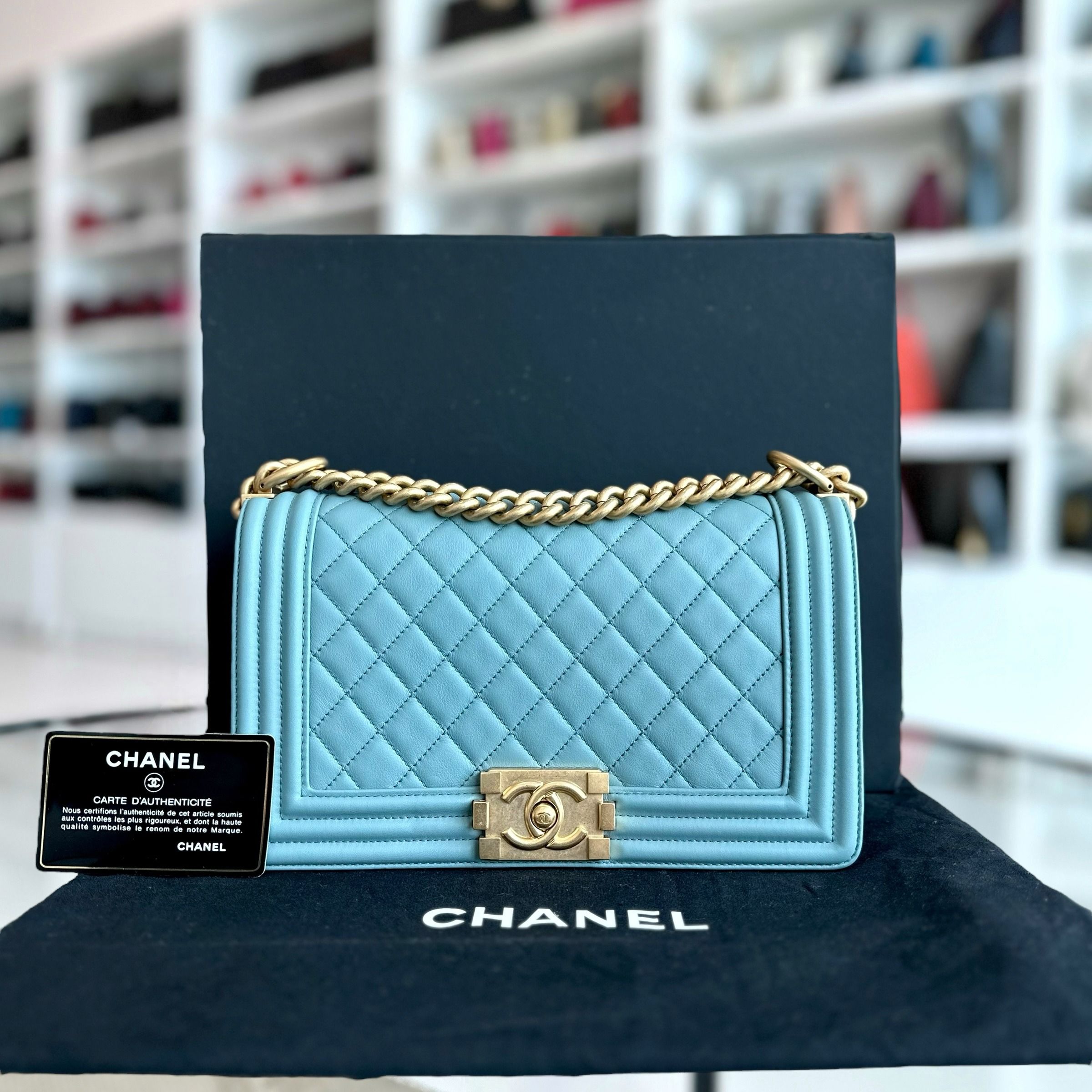 *Calfskin* Chanel Boy Old Medium 25CM Quilted Calfskin Leboy Light Blue GHW No 25 - Luxury Evermore