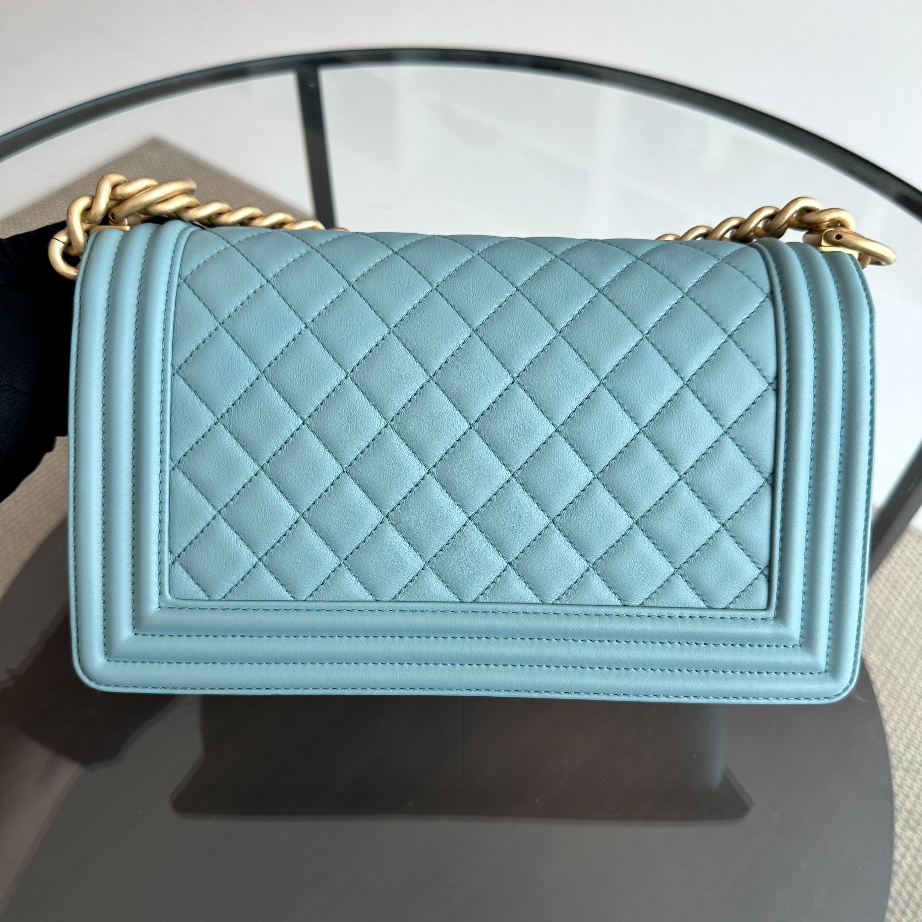 *Calfskin* Chanel Boy Old Medium 25CM Quilted Calfskin Leboy Light Blue GHW No 25 - Luxury Evermore