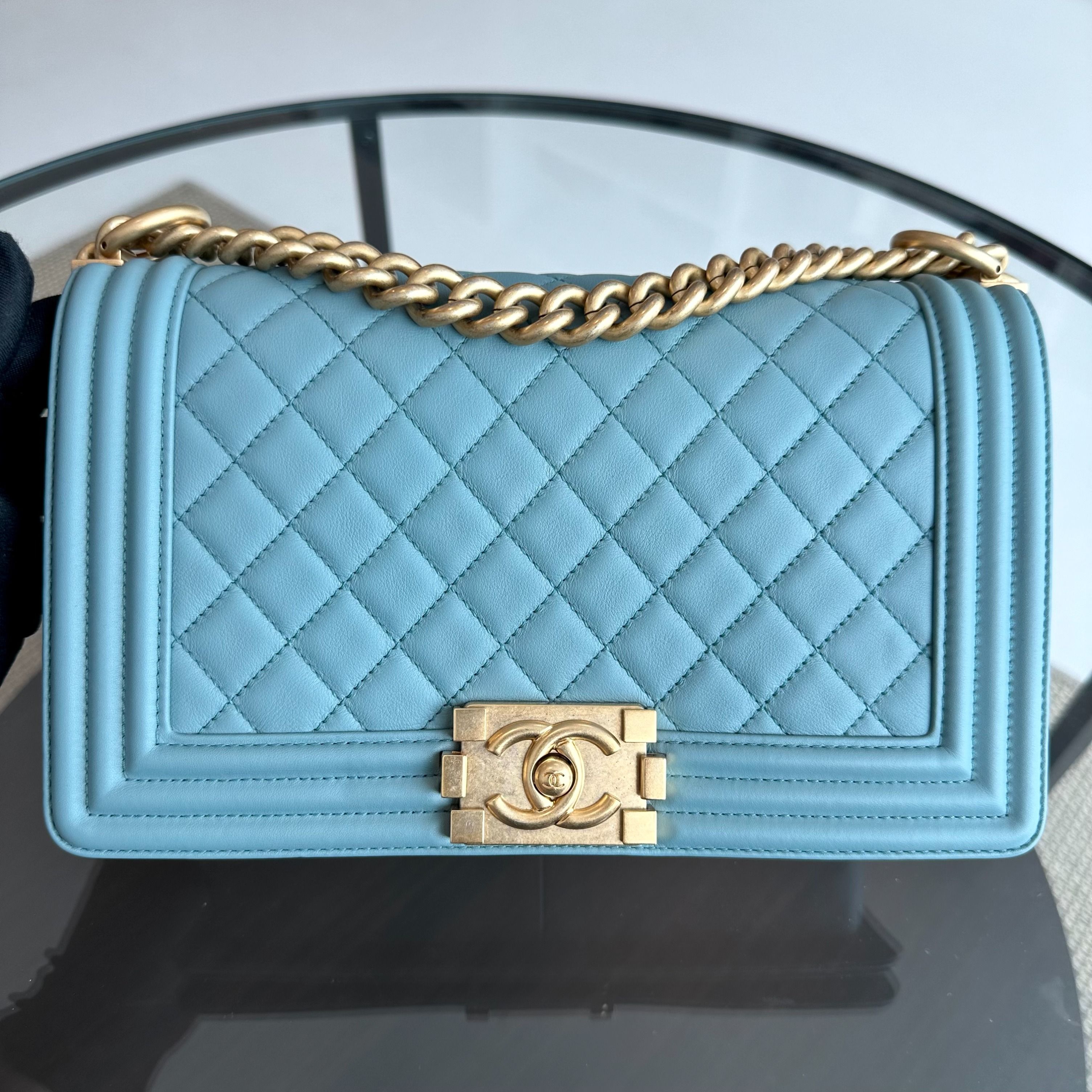 *Calfskin* Chanel Boy Old Medium 25CM Quilted Calfskin Leboy Light Blue GHW No 25 - Luxury Evermore