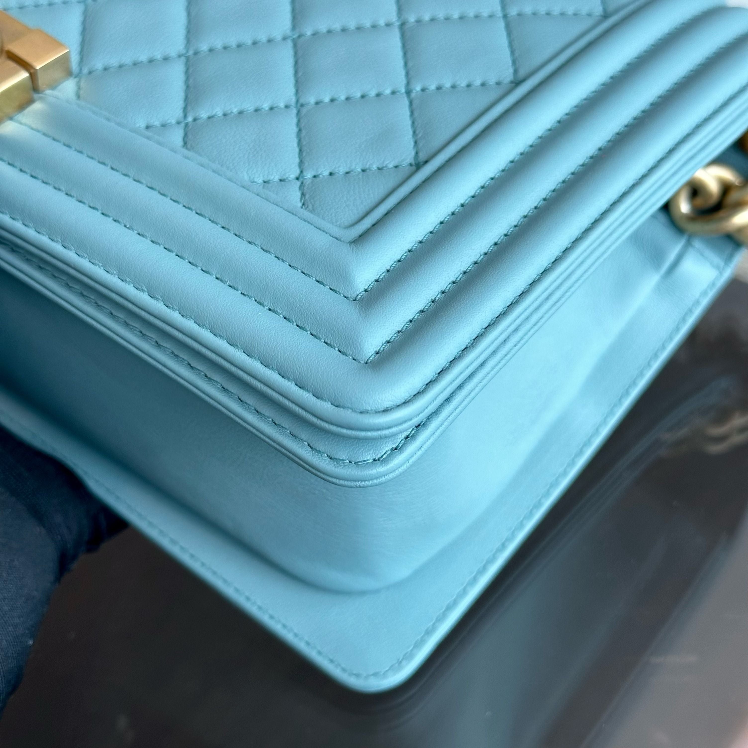 *Calfskin* Chanel Boy Old Medium 25CM Quilted Calfskin Leboy Light Blue GHW No 25 - Luxury Evermore