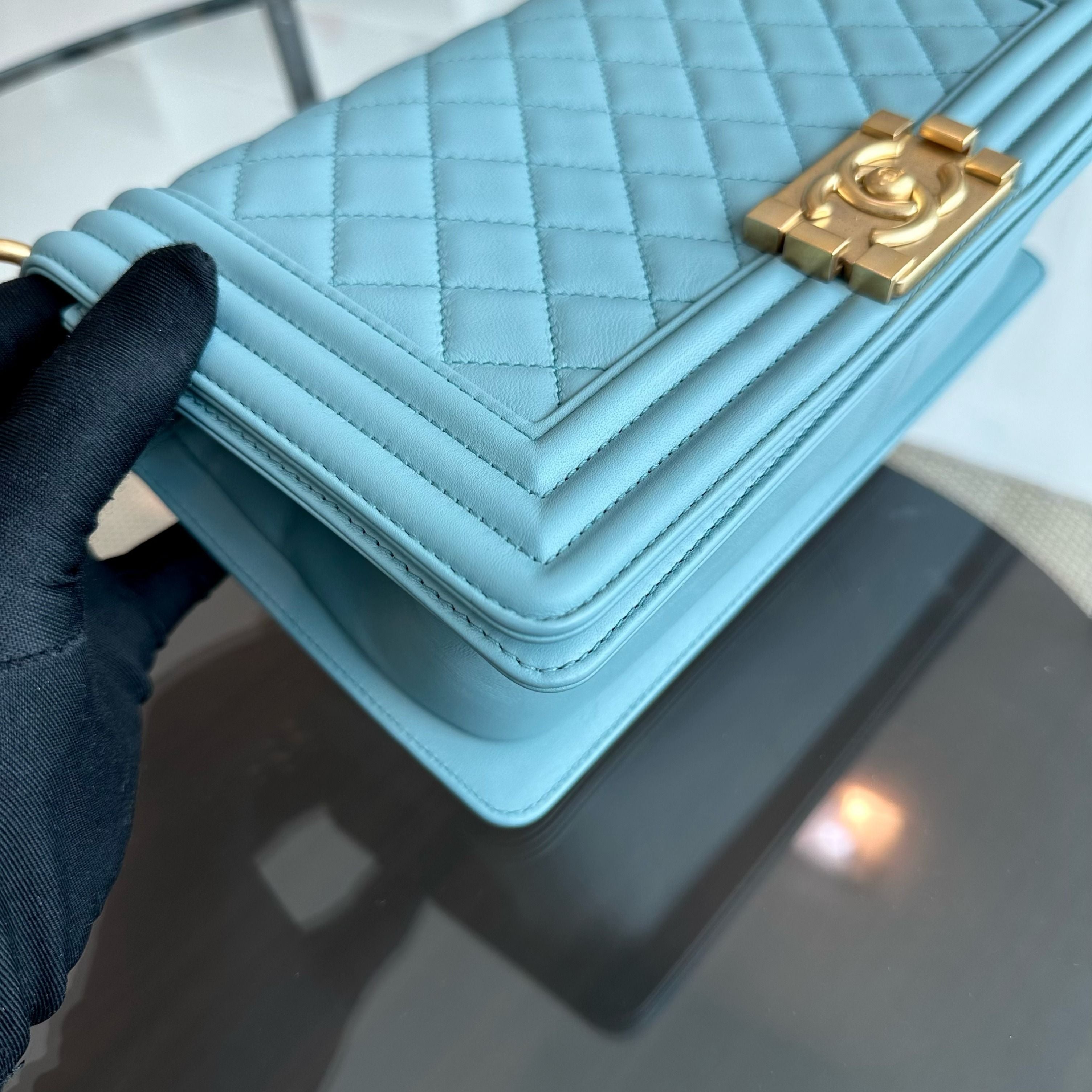 *Calfskin* Chanel Boy Old Medium 25CM Quilted Calfskin Leboy Light Blue GHW No 25 - Luxury Evermore