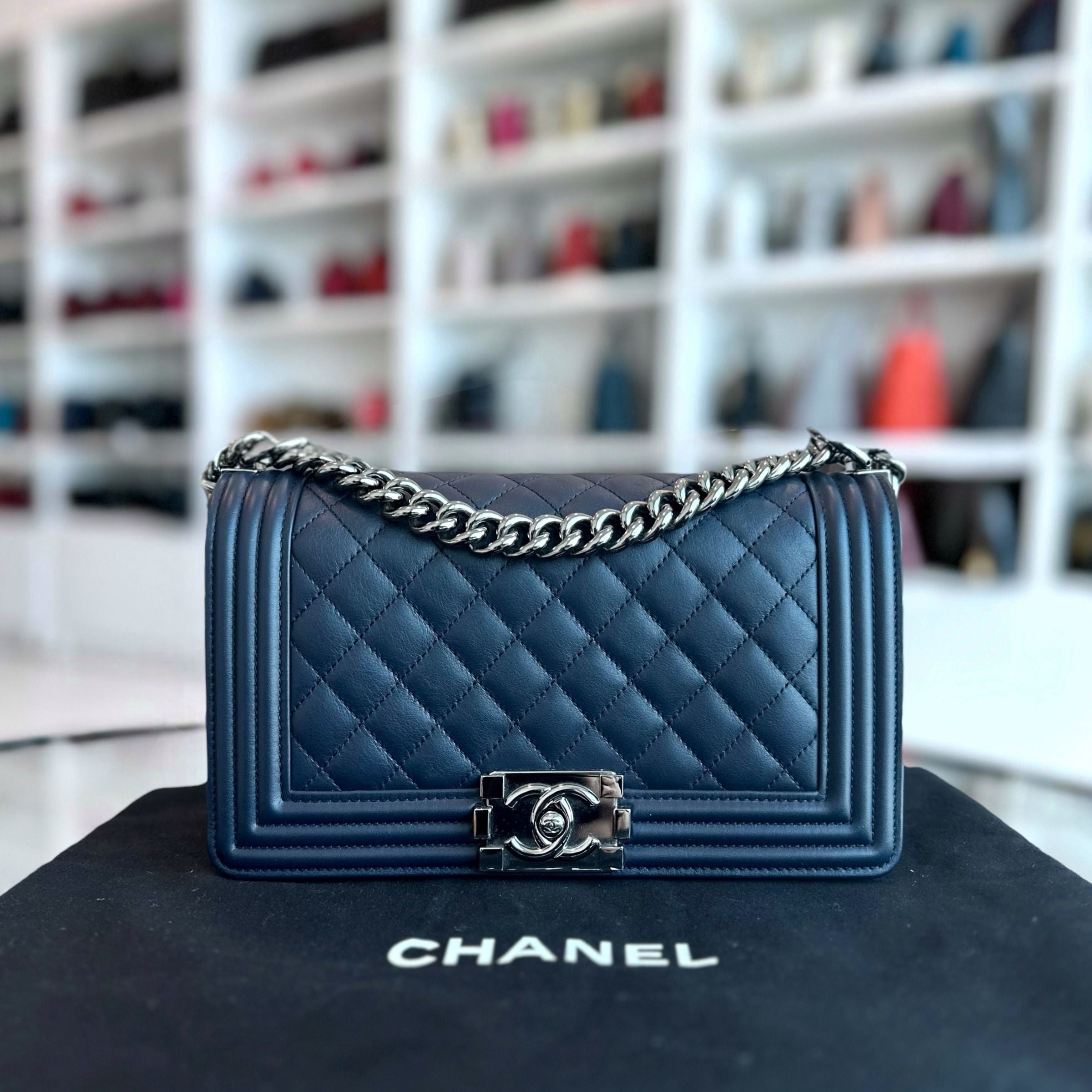 *Calfskin* Chanel Boy Old Medium 25CM Quilted Smooth Calfskin Leboy Dark Blue SHW No 20 - Luxury Evermore