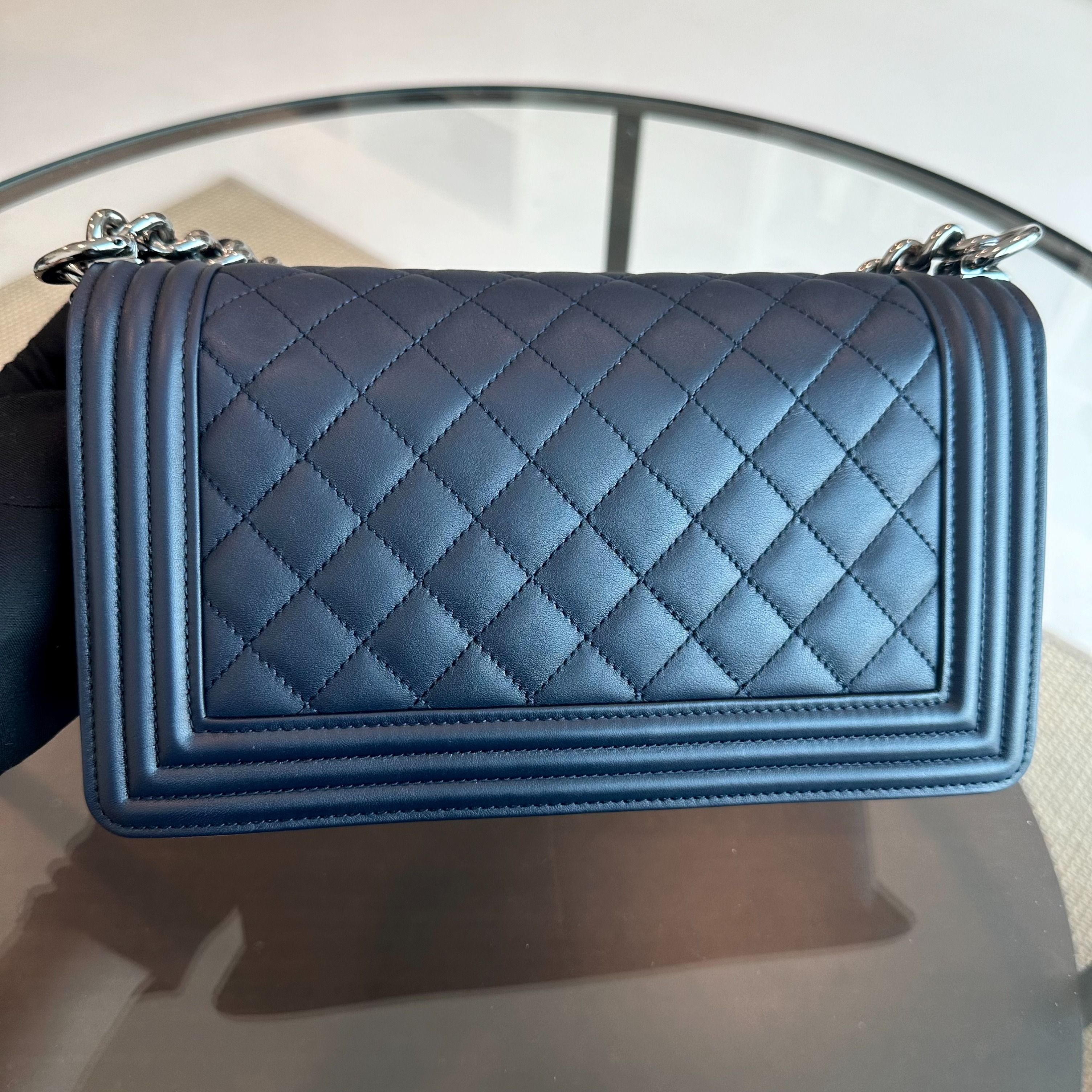 *Calfskin* Chanel Boy Old Medium 25CM Quilted Smooth Calfskin Leboy Dark Blue SHW No 20 - Luxury Evermore