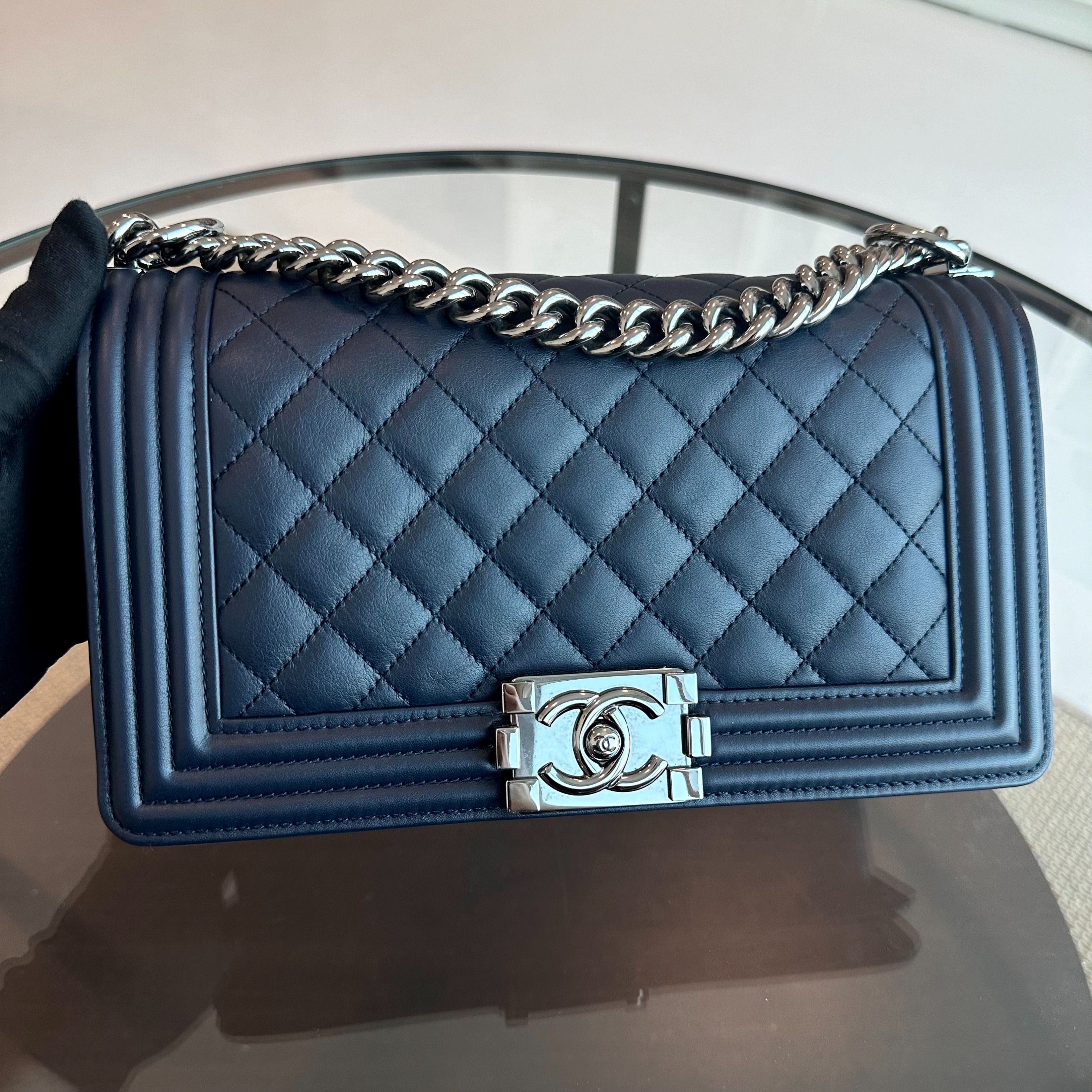 *Calfskin* Chanel Boy Old Medium 25CM Quilted Smooth Calfskin Leboy Dark Blue SHW No 20 - Luxury Evermore