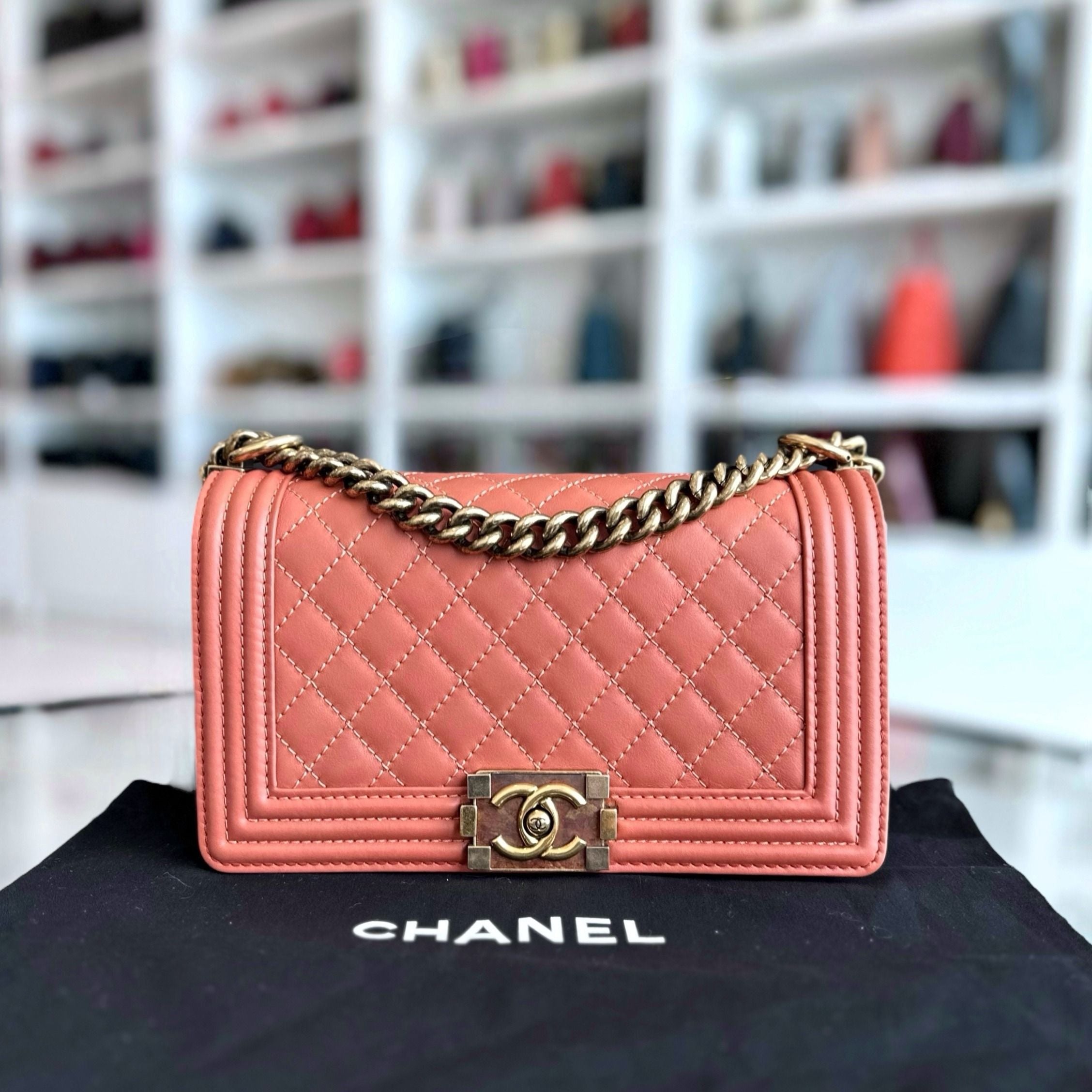 *Calfskin* Chanel Boy Old Medium Quilted Smooth Calfskin Leboy Blush AGHW No 20 - Luxury Evermore