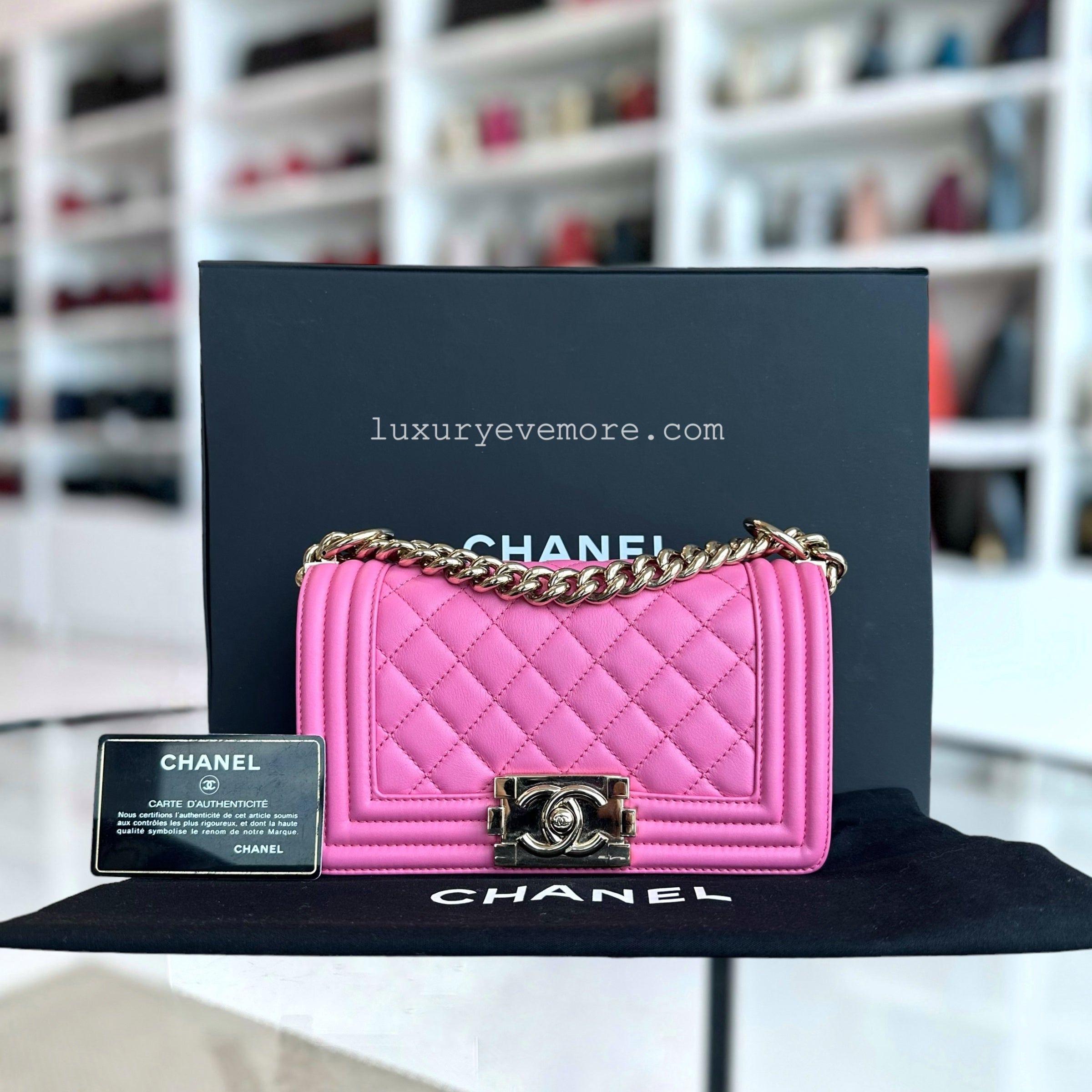 *Calfskin* Chanel Boy Small 20CM Quilted Calfskin Sakura Pink Leboy Golden Hardware Series 26 - Luxury Evermore