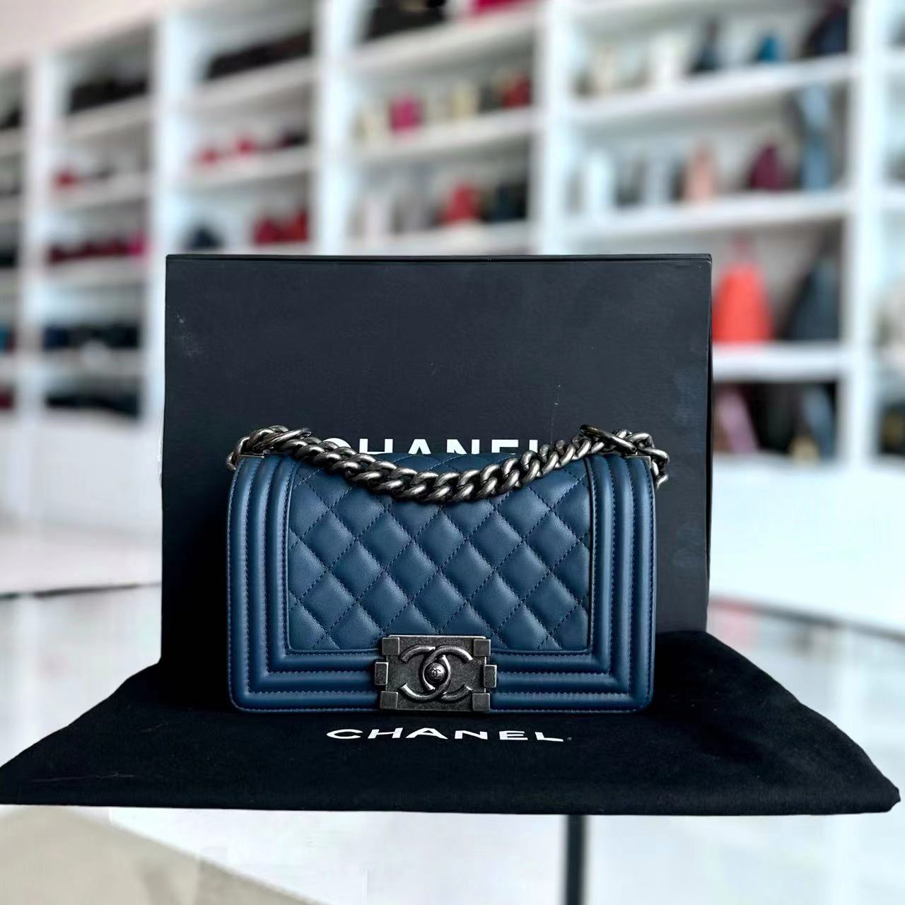 *Calfskin* Chanel Boy Small Quilted Calfskin Dark Blue Leboy Ruthenium Silver Hardware Series 26 - Luxury Evermore