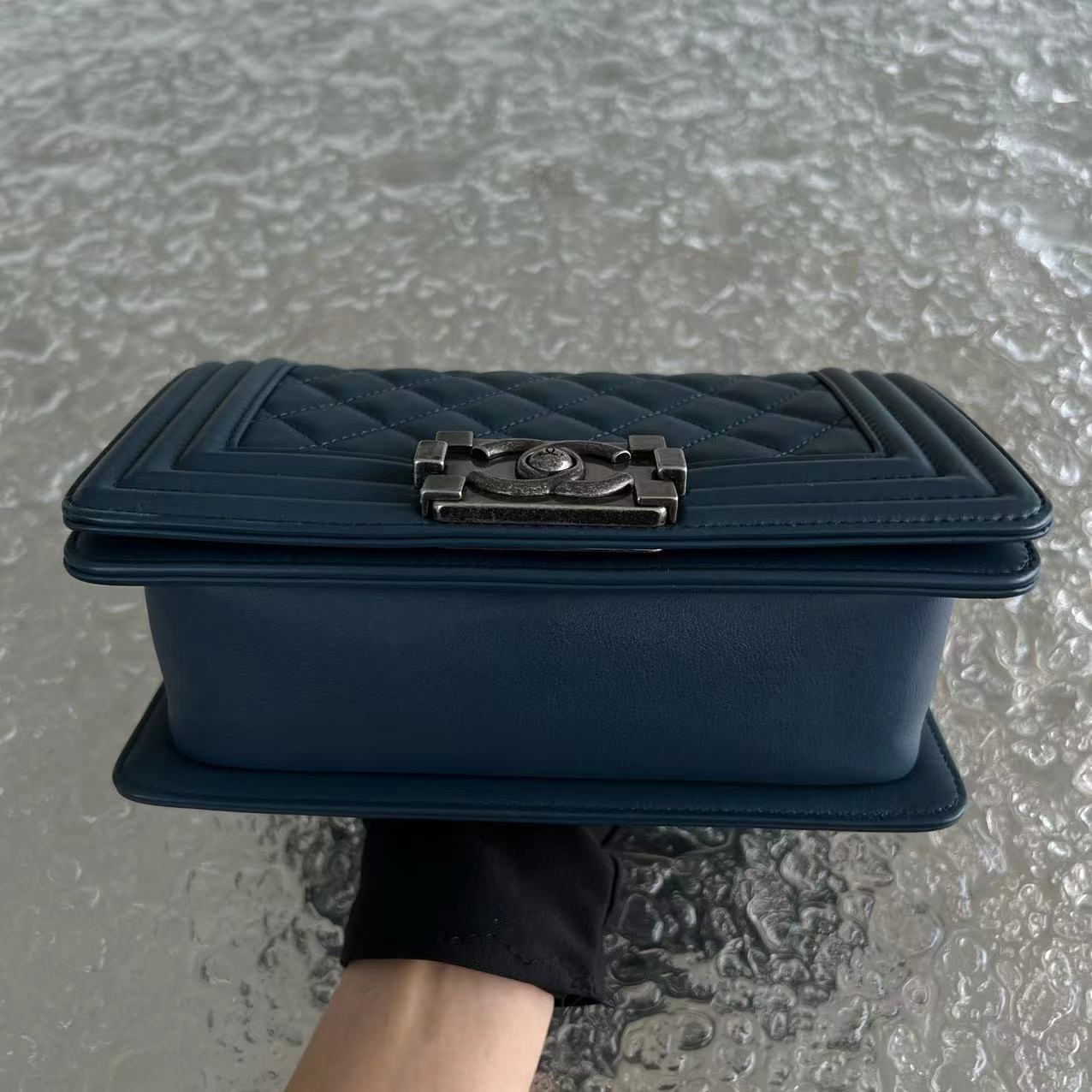 *Calfskin* Chanel Boy Small Quilted Calfskin Dark Blue Leboy Ruthenium Silver Hardware Series 26 - Luxury Evermore