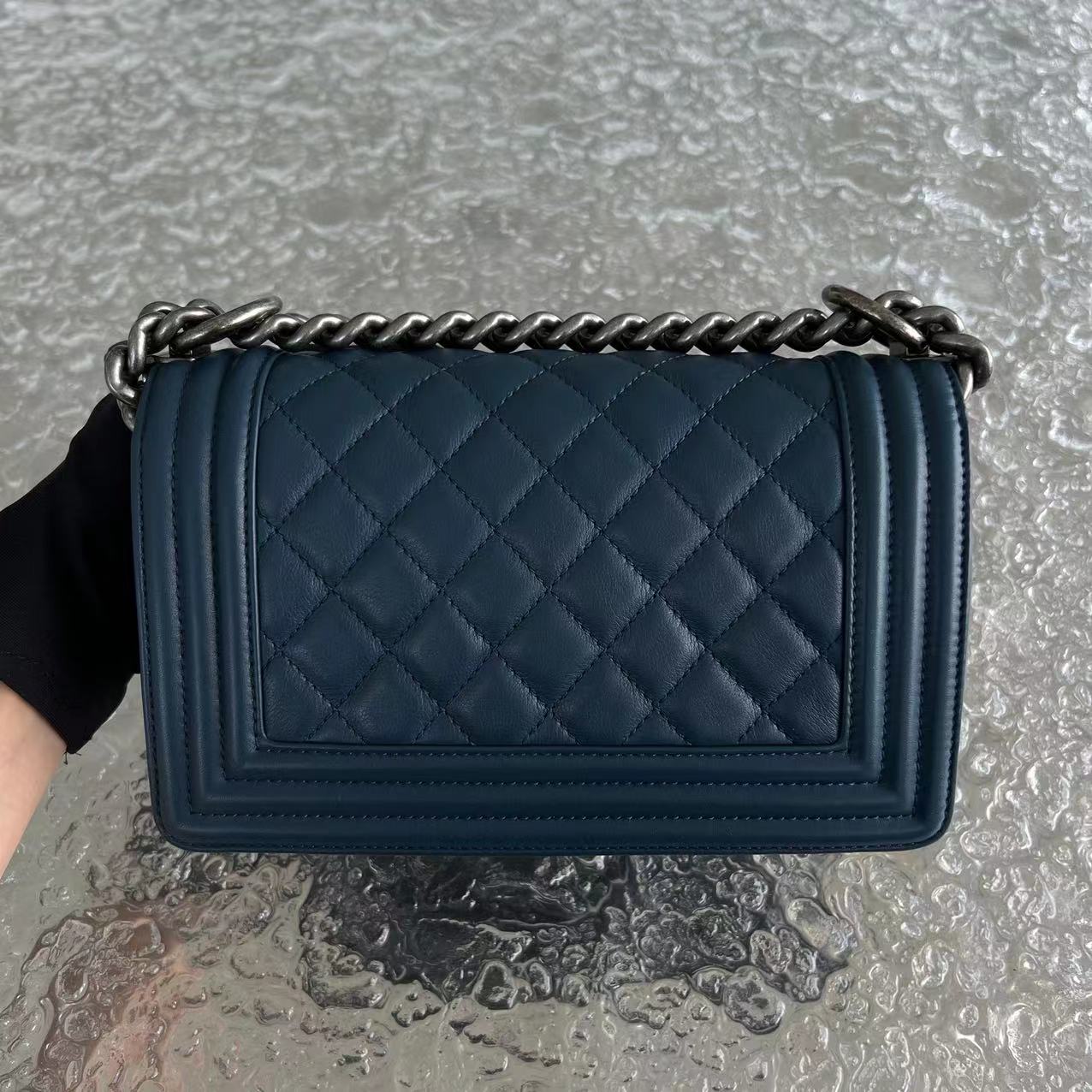 *Calfskin* Chanel Boy Small Quilted Calfskin Dark Blue Leboy Ruthenium Silver Hardware Series 26 - Luxury Evermore