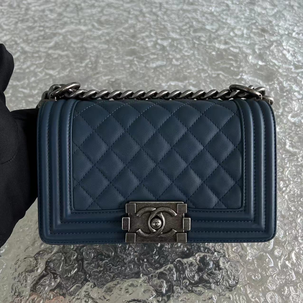 *Calfskin* Chanel Boy Small Quilted Calfskin Dark Blue Leboy Ruthenium Silver Hardware Series 26 - Luxury Evermore