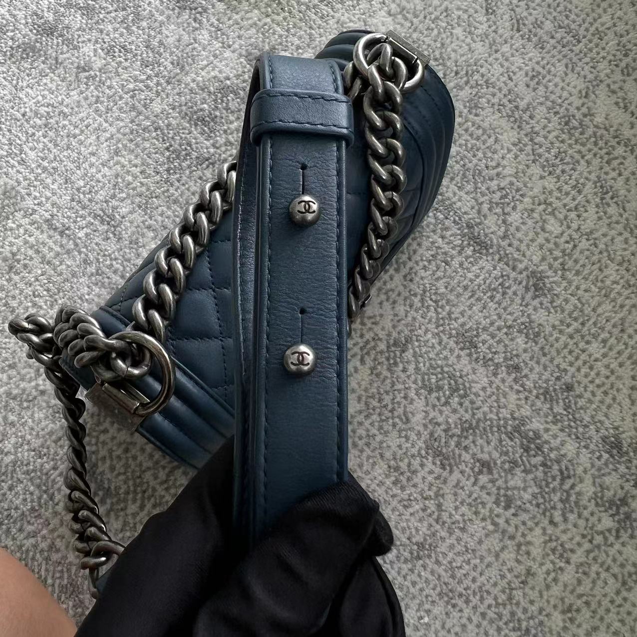 *Calfskin* Chanel Boy Small Quilted Calfskin Dark Blue Leboy Ruthenium Silver Hardware Series 26 - Luxury Evermore