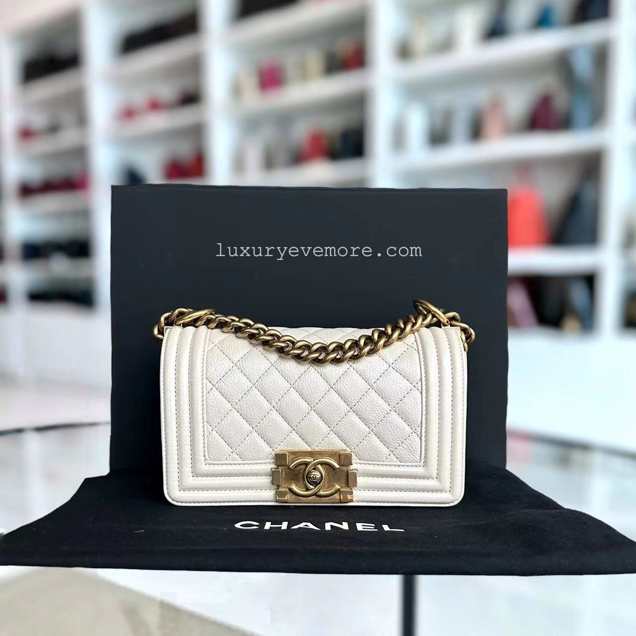 *Calfskin* Chanel Boy Small Quilted Grained Calfskin Cream White Leboy Golden Hardware Series 20 - Luxury Evermore