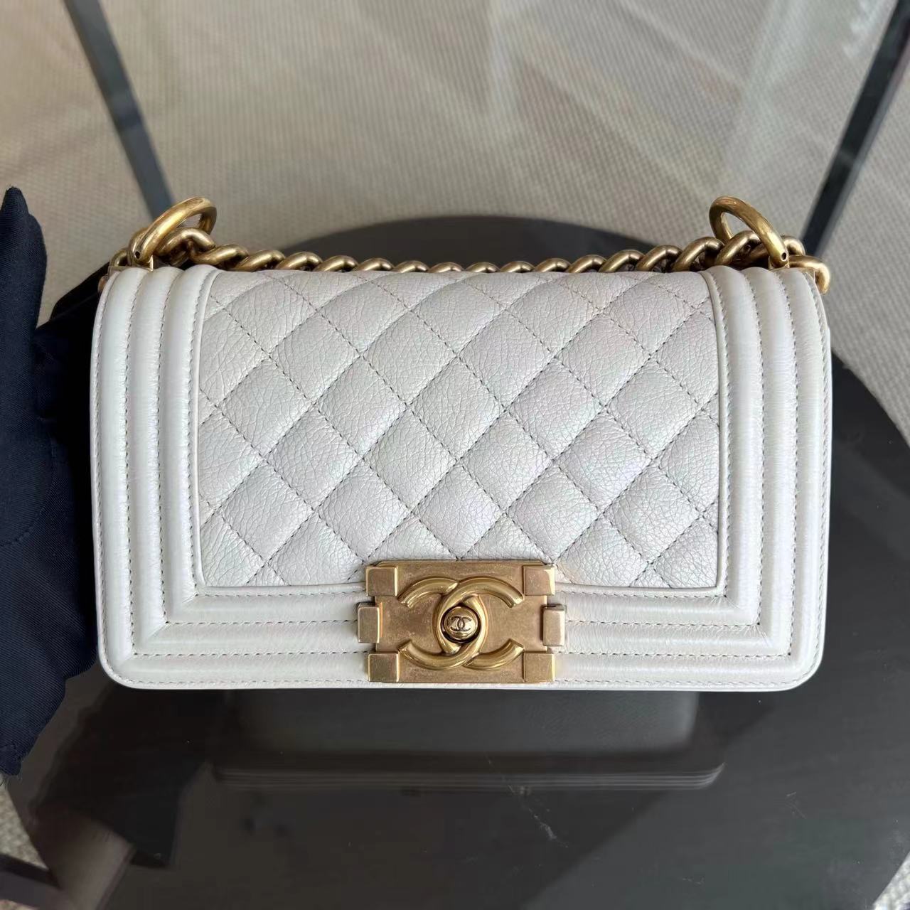 *Calfskin* Chanel Boy Small Quilted Grained Calfskin Cream White Leboy Golden Hardware Series 20 - Luxury Evermore