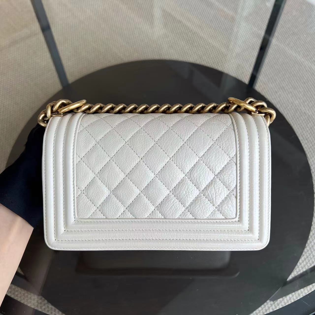 *Calfskin* Chanel Boy Small Quilted Grained Calfskin Cream White Leboy Golden Hardware Series 20 - Luxury Evermore