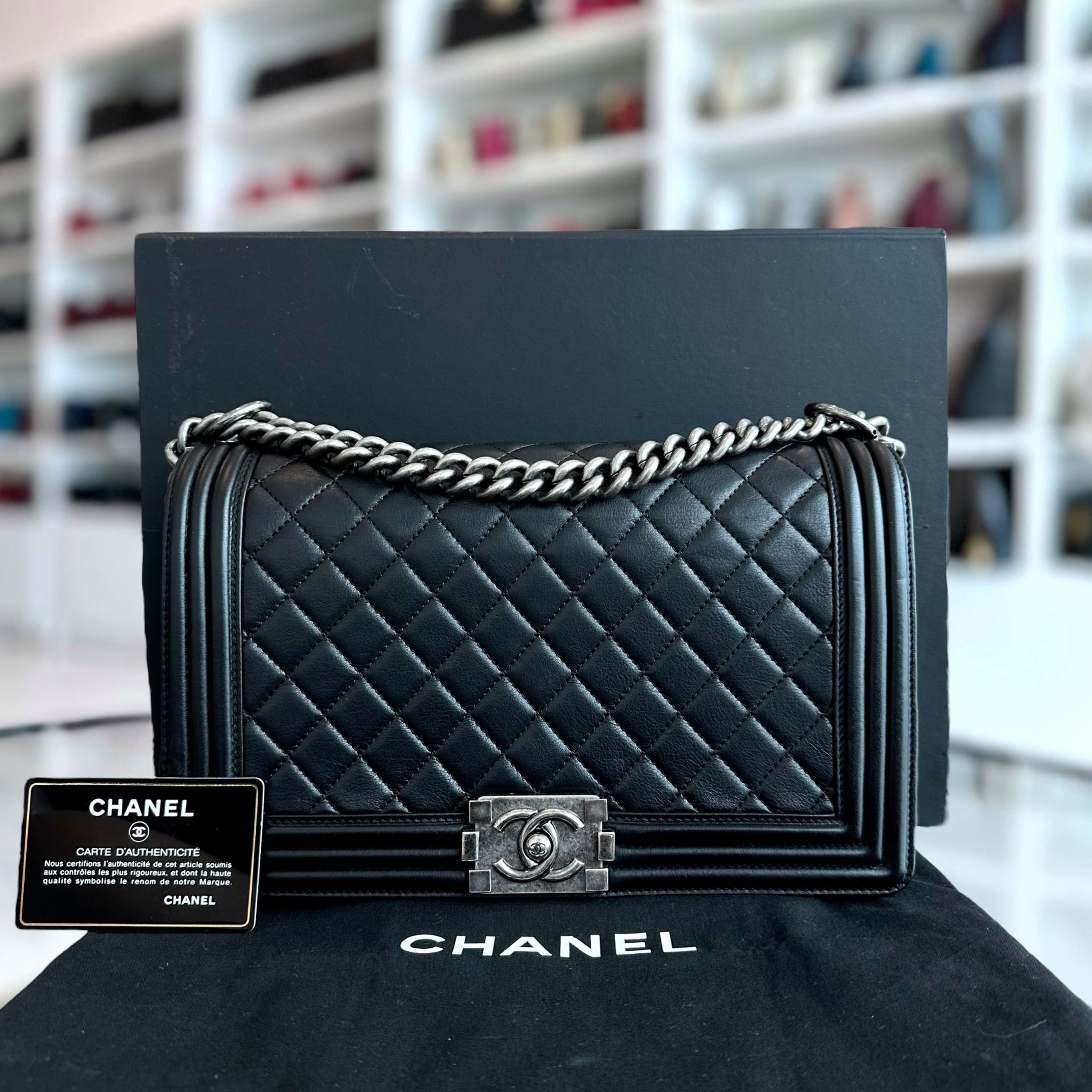 *Calfskin* Chanel Calfskin Boy New Medium 28CM Quilted Black Leboy RSHW No 19 - Luxury Evermore