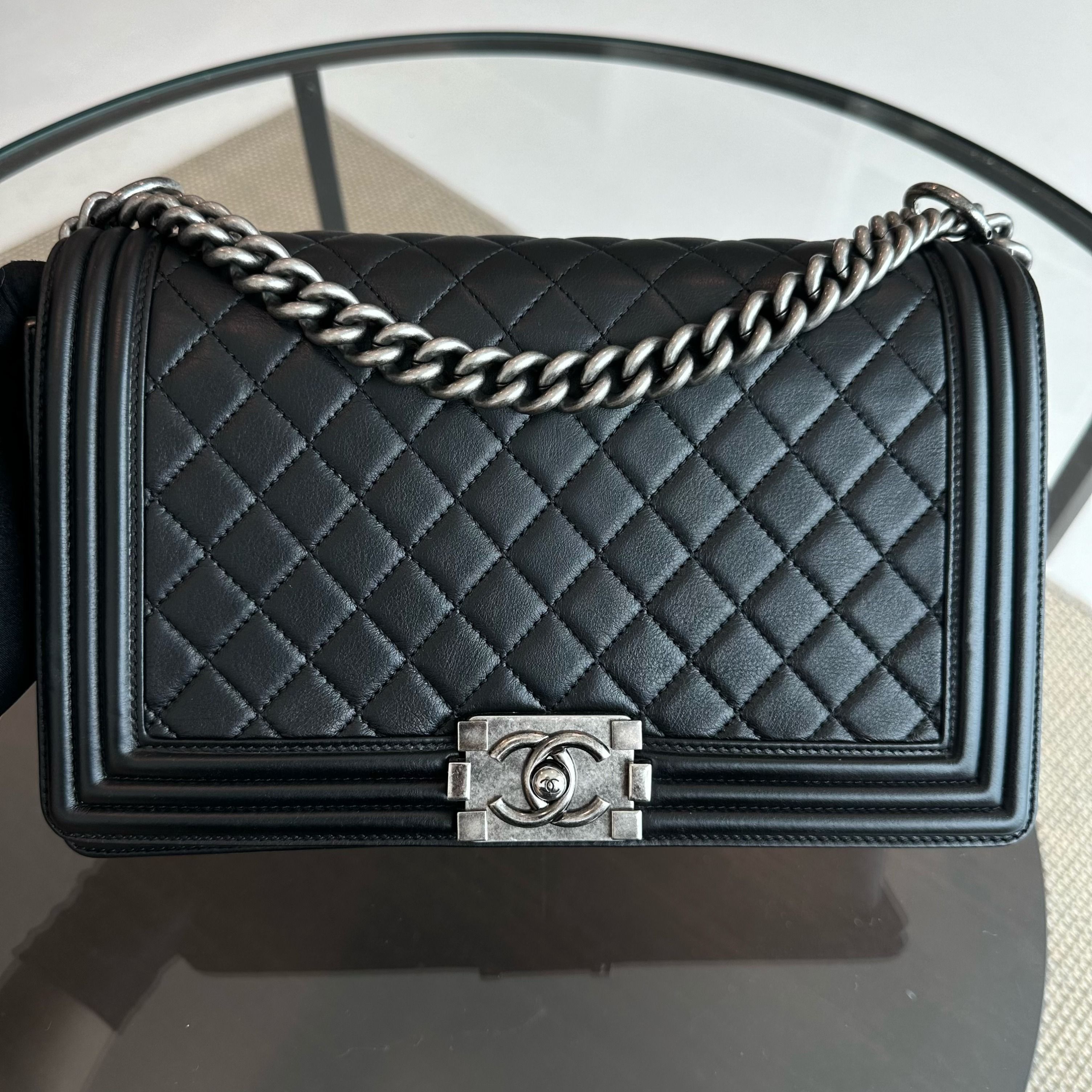 *Calfskin* Chanel Calfskin Boy New Medium 28CM Quilted Black Leboy RSHW No 19 - Luxury Evermore