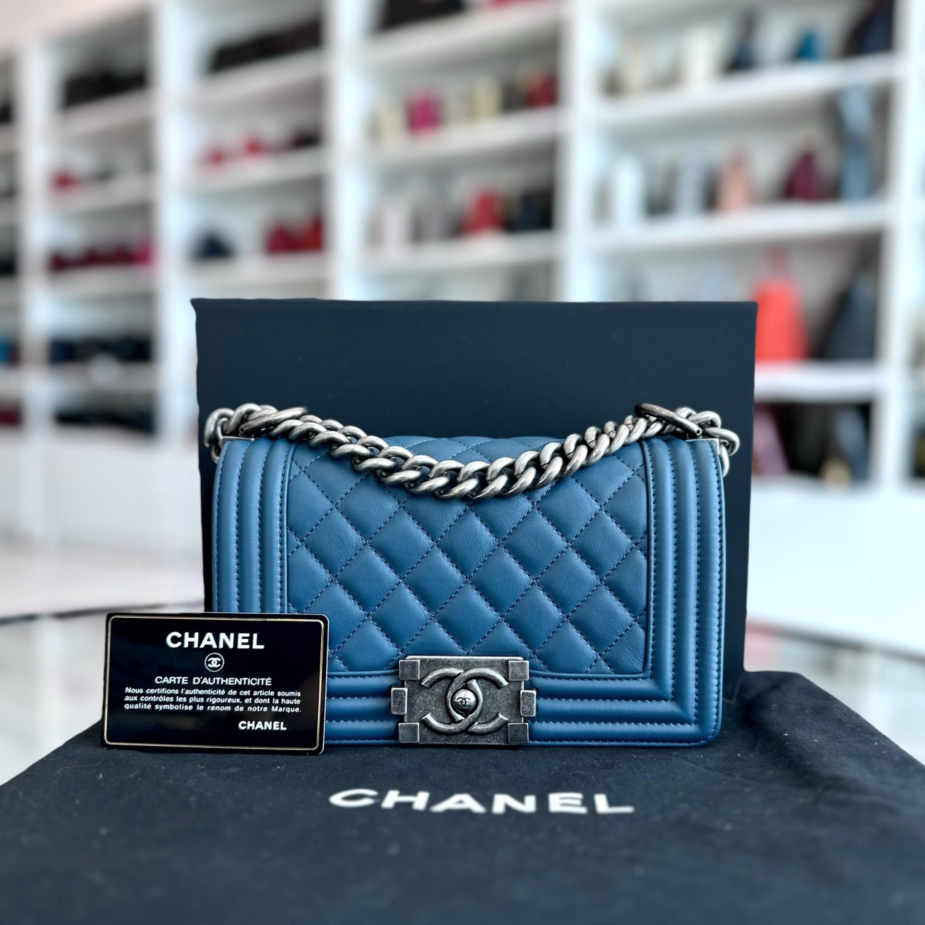 *Calfskin, Like New* Chanel Boy Small 20CM Quilted Leboy Calfskin Dark Blue No 26 - Luxury Evermore