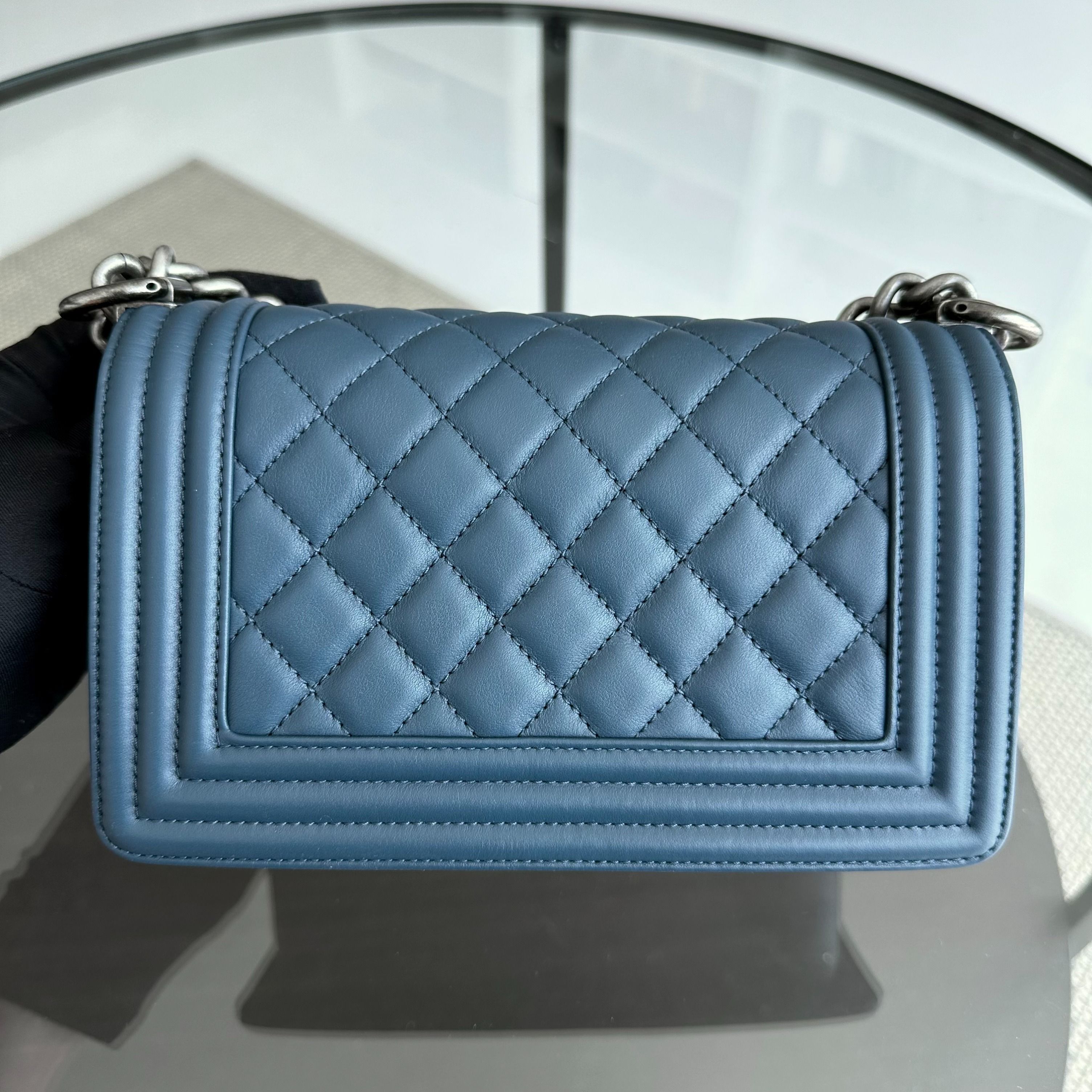 *Calfskin, Like New* Chanel Boy Small 20CM Quilted Leboy Calfskin Dark Blue No 26 - Luxury Evermore