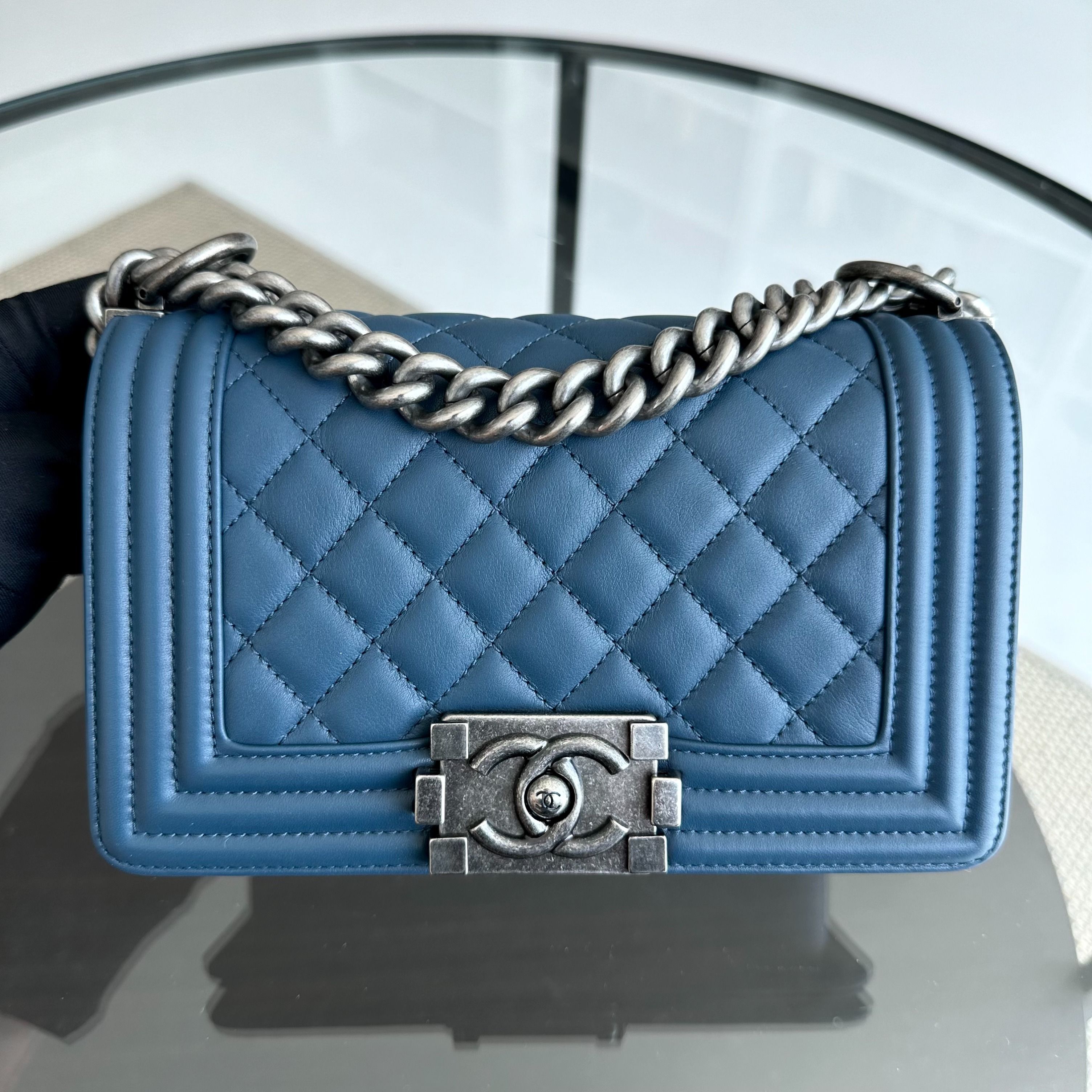 *Calfskin, Like New* Chanel Boy Small 20CM Quilted Leboy Calfskin Dark Blue No 26 - Luxury Evermore