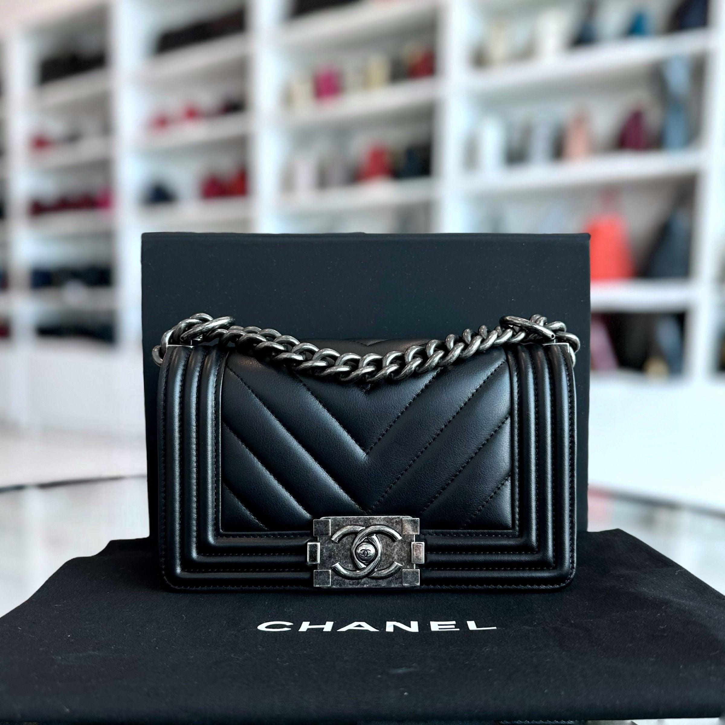 *Calfskin, Like New* Chanel Boy Small Chevron Calfskin Leboy Black RSHW No 22 - Luxury Evermore