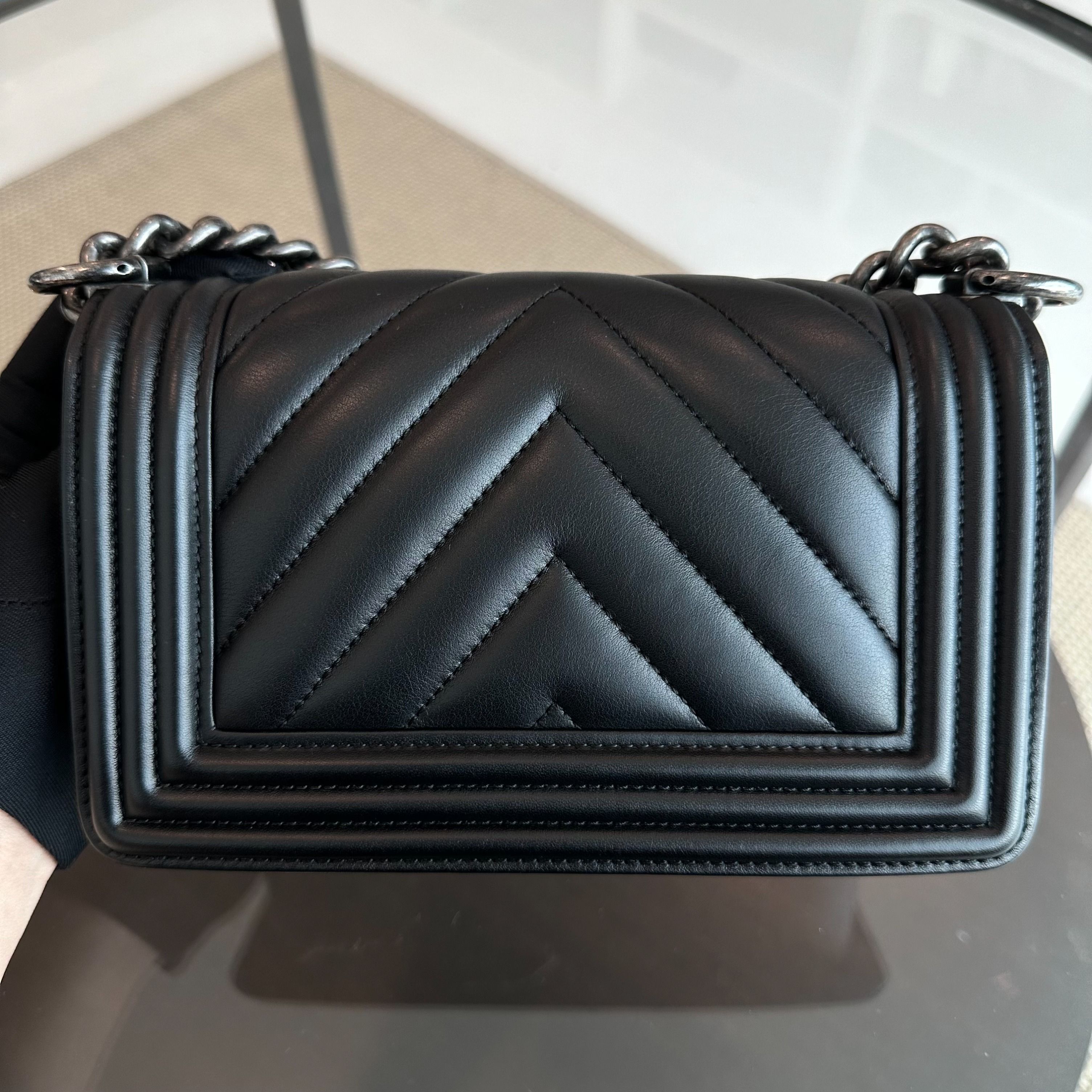 *Calfskin, Like New* Chanel Boy Small Chevron Calfskin Leboy Black RSHW No 22 - Luxury Evermore