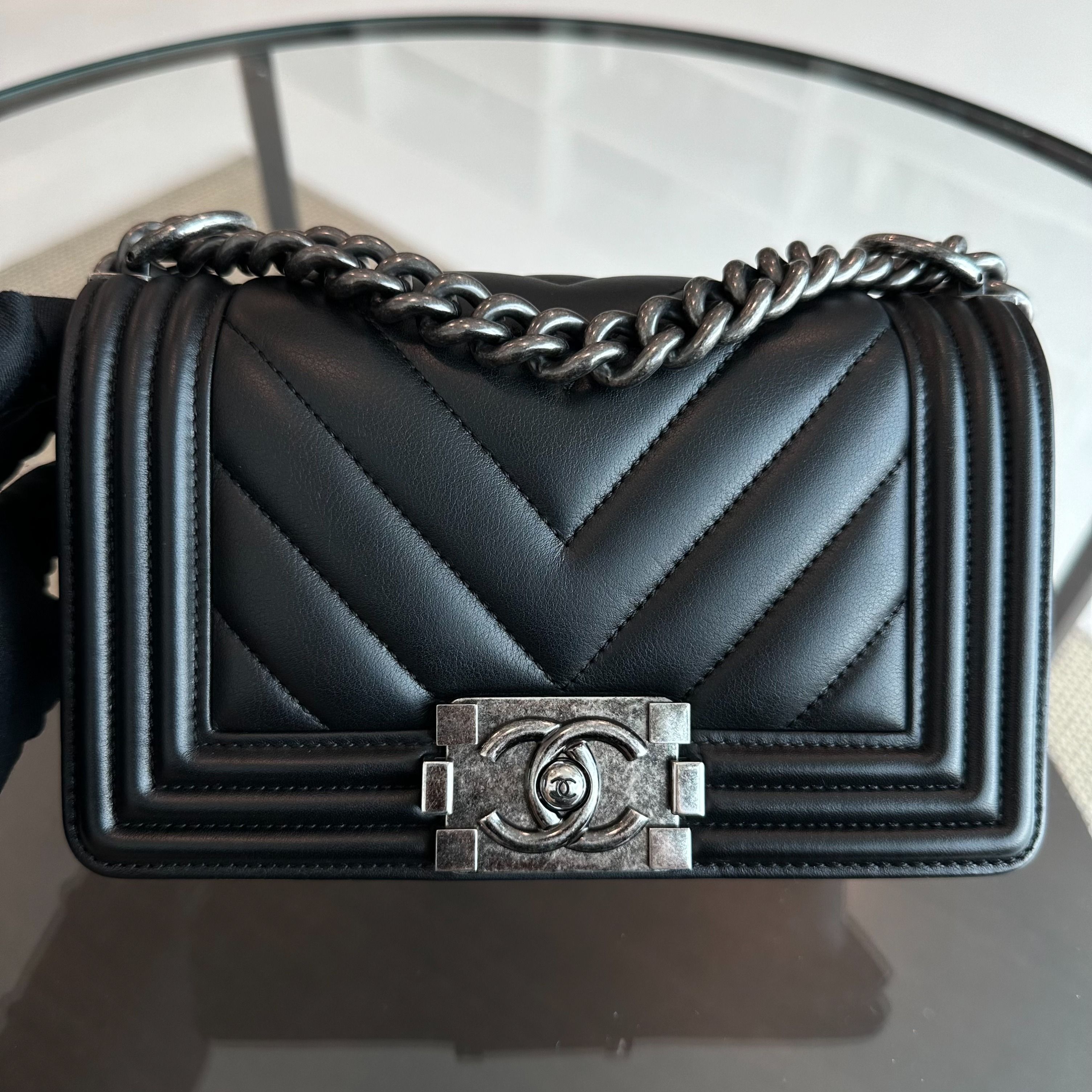 *Calfskin, Like New* Chanel Boy Small Chevron Calfskin Leboy Black RSHW No 22 - Luxury Evermore